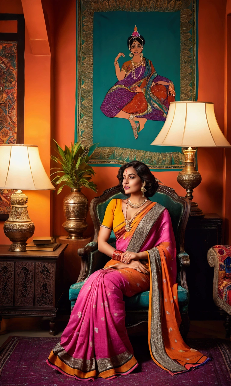 A glamorous woman sitting in a vintage-style room adorned with traditional Indian decor and soft ambient lighting. She is wearing a vibrant and colorful saree with bold patterns, draped in a way that highlights her curves. Her blouse has a plunging neckline, emphasizing her fuller figure. The background features an antique armchair, books, a table with a vintage lamp, and artwork on the walls, creating an elegant and warm aesthetic. The overall atmosphere is classy yet alluring, with the woman exuding confidence and grace.