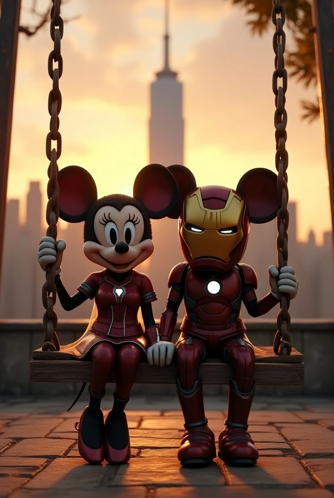 Minnie e Topolino ultrarealistici vestiti come gli avengers, topolino con il casco di Iron Man,seduti in un altalena, Al tramonto, Sullo sfondo la stark tower,
L’immagine deve essere 1920x1200