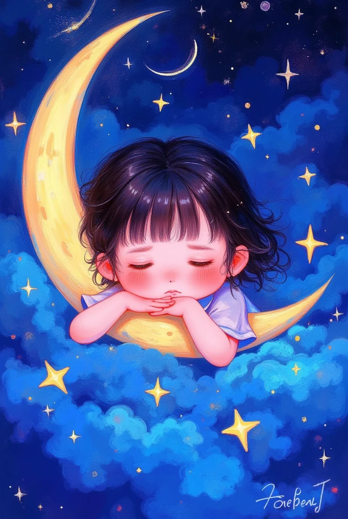 睡在moon上的天使的特写镜头, Star，moon， exquisite digital art, 可爱的数字艺术, Lovely art style,  cute digital painting , Realistic cute girl painting,  Lovely illustrations , Exquisite painting style,  Dreaming of Flying Through the Sky ,  可爱的细节艺术品 ,  软萌动漫插画, author：Li Song, author：The J, Beautiful digital illustrations