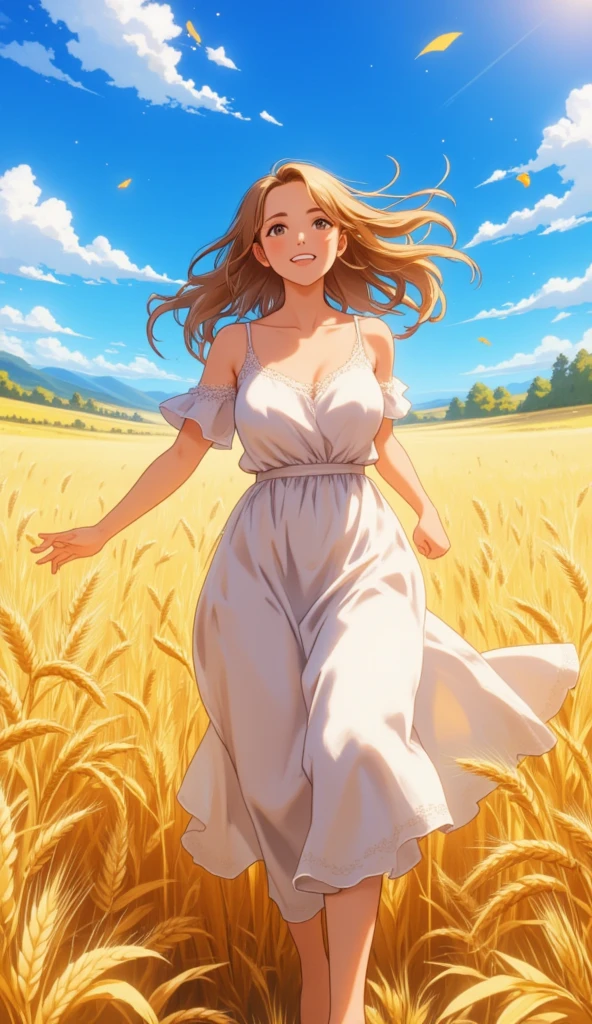  A young woman and Graceful woman running through a vast golden wheat field on a clear, sunny day.  She wears a long flowing white dress ,  made of thin and light fabric ,  with subtle lace details on the sleeves and bar .  The dress moves with the wind ,  creating soft waves around its Hueta . Her long hair,  of a light brown tone with golden reflections ,  fly disorderly ,  capturing the energy of the moment .  Its skin is clear and shines under the sun ,  with a faint blush on the cheeks that reflects her liveliness .

 The surrounding wheat field is vast and bright ,  with golden ears leaning slightly at the touch of the wind .  The sun is high in the intense blue sky ,  and its rays cross the wheat ears ,  creating an effect of golden twinkles and soft shadows over the field .  The horizon is distant ,  with some scattered trees and a line of low hills ,  giving depth to the scenery .

 The expression on the woman's face is one of pure freedom and joy ,  with a serene smile .  Her hands delicately touch the wheat stalks as she runs , highlighting the connection between her and the nature around her.  The gentle wind adds a dynamic touch to the scene ,  accentuating the movement of the dress and hair .  The composition is bathed in natural light ,  creating an atmosphere of warmth , peace and freedom .
32k anime style, HDR, UHD, intricate detail, extremely intricate detail, hyperrealistic, extremely realistic, high quality, vivid color, extremely detailed.