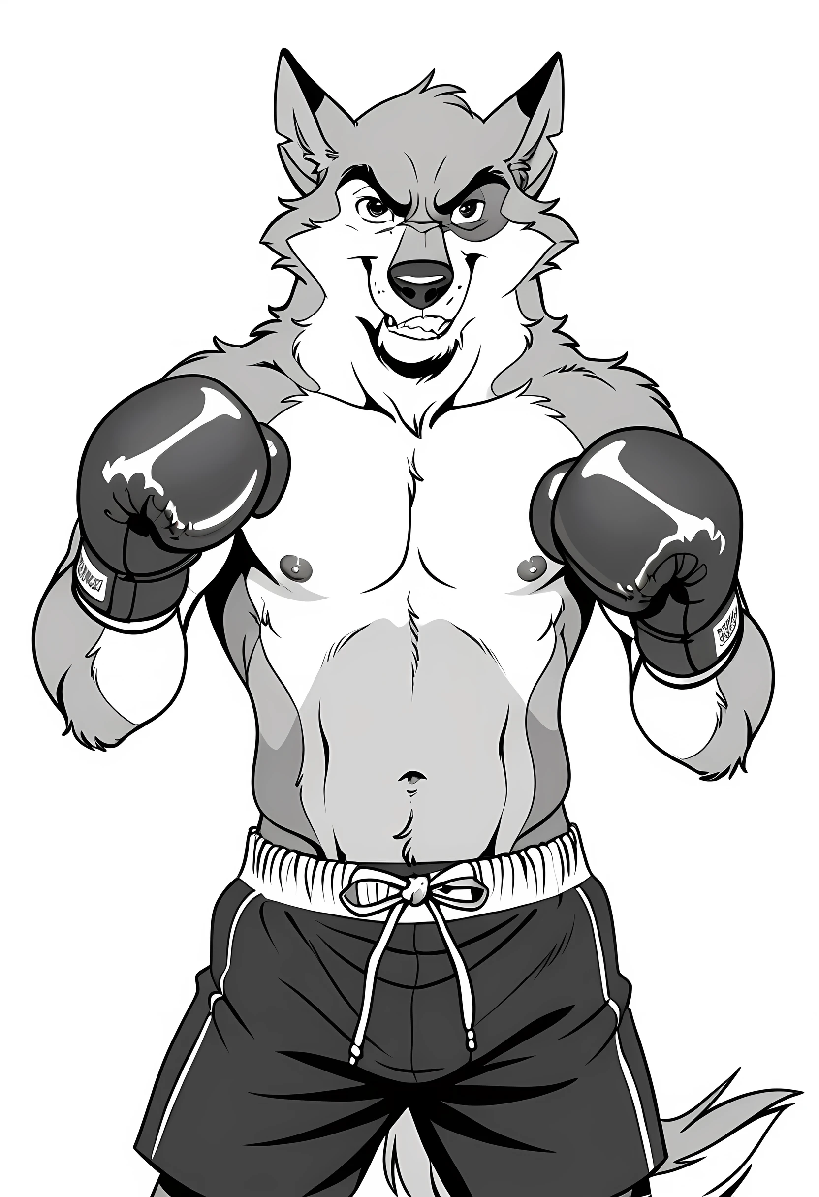 kaltag, alaskan malamute, detailed, detailed face, detailed eyes, anthro body, black lineart, black outline, male, adult, very muscular, cartoon shading, cel shaded:1.0, confident, proud, boxing trunks, wolf tail, (wearing boxing gloves, detailed boxing gloves):1.1, (no background, white background):1.5, bare chest, by wfa, by negger, puffed chest, (cartoony anatomy, cartoony proportions):1.1, boxing pose, black and white, dramatic colors