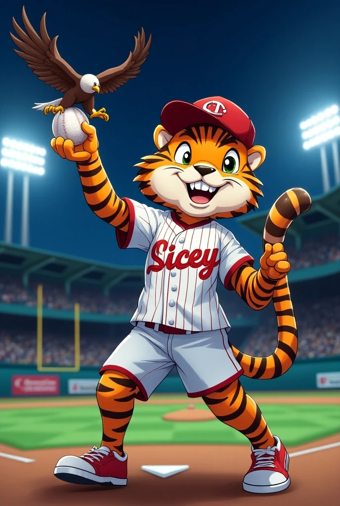 A cartoon tiger , dressed in a uniform that reads Licey from baseball, catching a baseball with a glove . On his other arm , holds an eagle in the other hand . bottom: a baseball stadium illuminated at night . style: anime, manga, sports. atmosphere: exciting, Night." Y that says Reyes