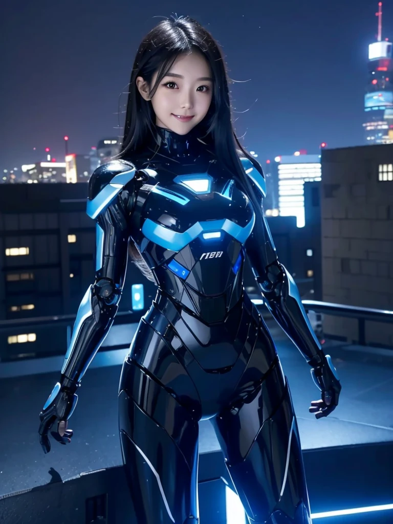 one Japanese female android, cute face, thin and tall, smile, black long hair, black and blue robot suit, black and blue mechanical part, black and blue cyborg joint, full body shot, rooftop scenery, night view