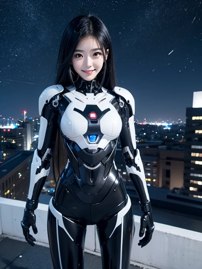 one Japanese female android, cute face, thin and tall, smile, black long hair, black and white robot suit, black and white mechanical part, black and white cyborg joint, full body shot, rooftop scenery, night view