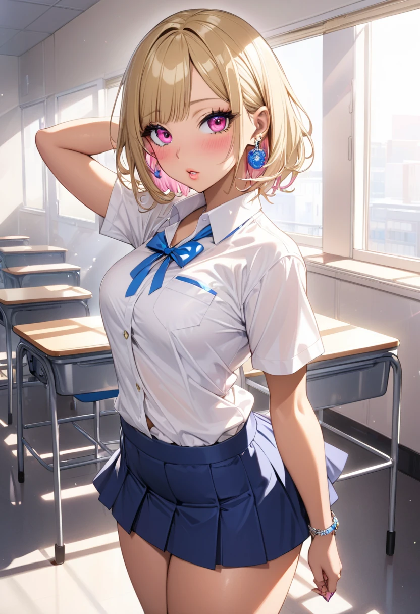 a beautiful 20 year old blonde woman with big messy hair, pigtails, in a short plaid skirt, white stockings, transparent white dress shirt tied up in a knot, cleavage, navel, classroom setting, rossdraws cartoon vibrant, cute detailed digital art, colorfull digital fantasy art, digital fantasy art ), glossy digital painting, rossdraws pastel vibrant, rossdraws 2. 5, rossdraws 1. 0