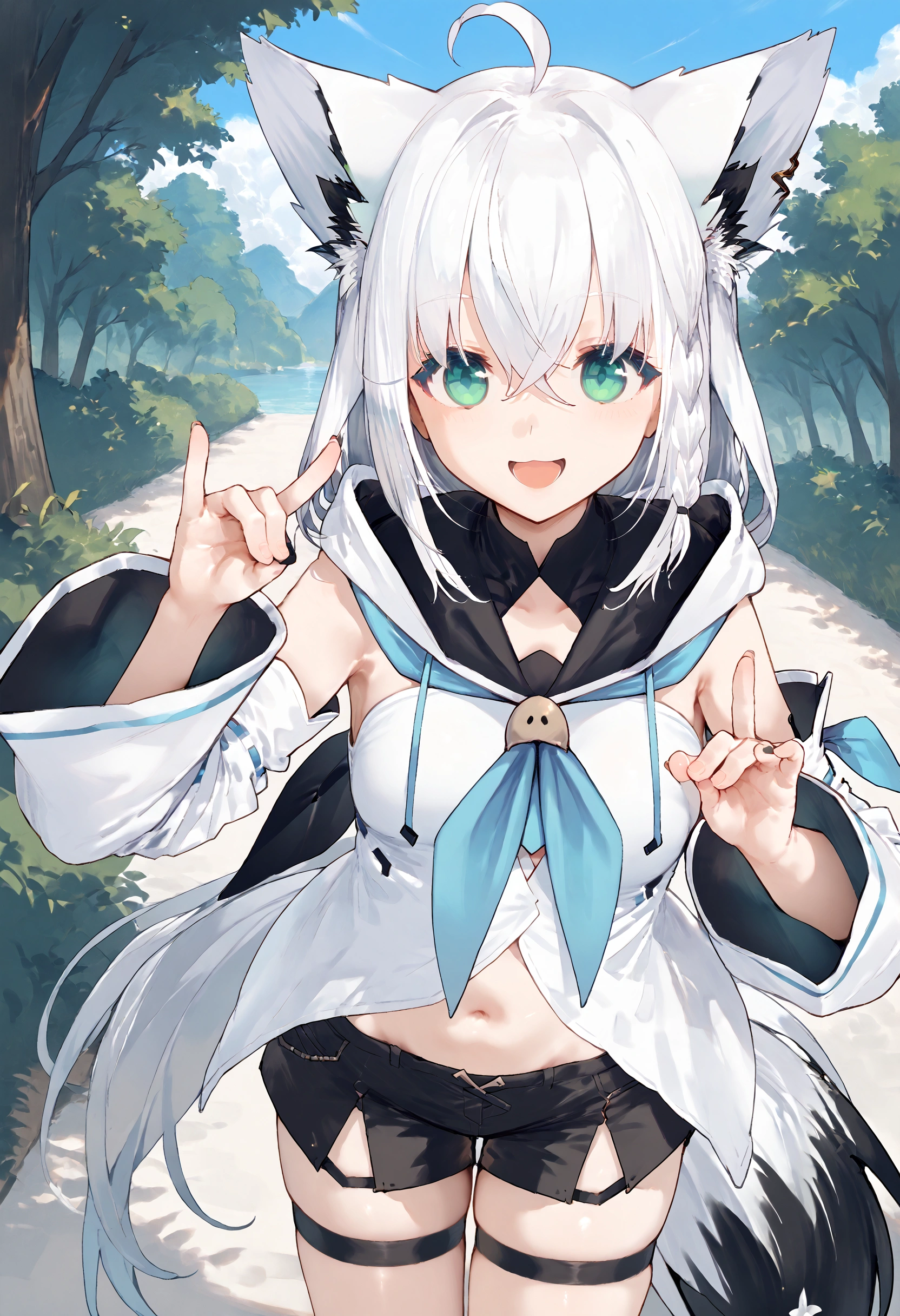 score_9,score_8_up,score_7_up,1girl,fubuki_nml,solo,white hair,ahoge,detached sleeves,green eyes,braid,hair between eyes,bangs,blue neckerchief,hood,hoodie,long hair,white hoodie,neckerchief,animal ear fluff,fox tail,thighhighs,single thighhigh,thigh strap,black shorts,navel,outdoor,fox shadow puppet,smile,open mouth