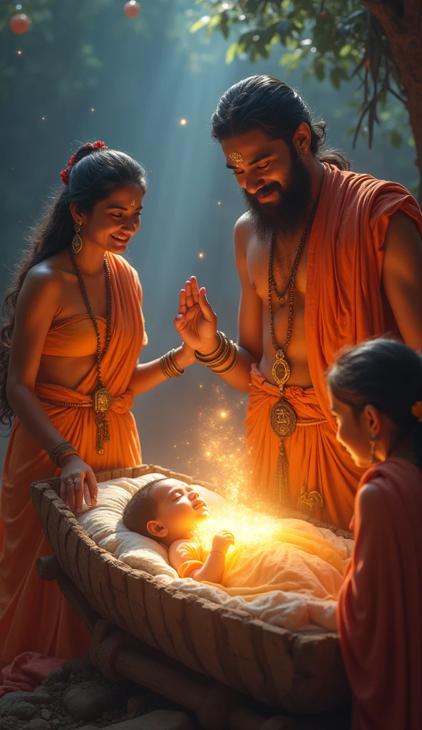Hanuman's Revival and Receiving Boons**:
- Show the gods gathered around the unconscious Hanuman, with expressions of concern and compassion. Vayu Dev, still holding Hanuman, begins to calm as the gods offer their boons. The scene should be filled with divine light, symbolizing the blessings being bestowed upon Hanuman. As Hanuman regains consciousness, his body begins to glow, symbolizing the immense strength, intelligence, and wisdom he is receiving. The gods are depicted with gentle smiles, showing their approval and respect for the young Hanuman.