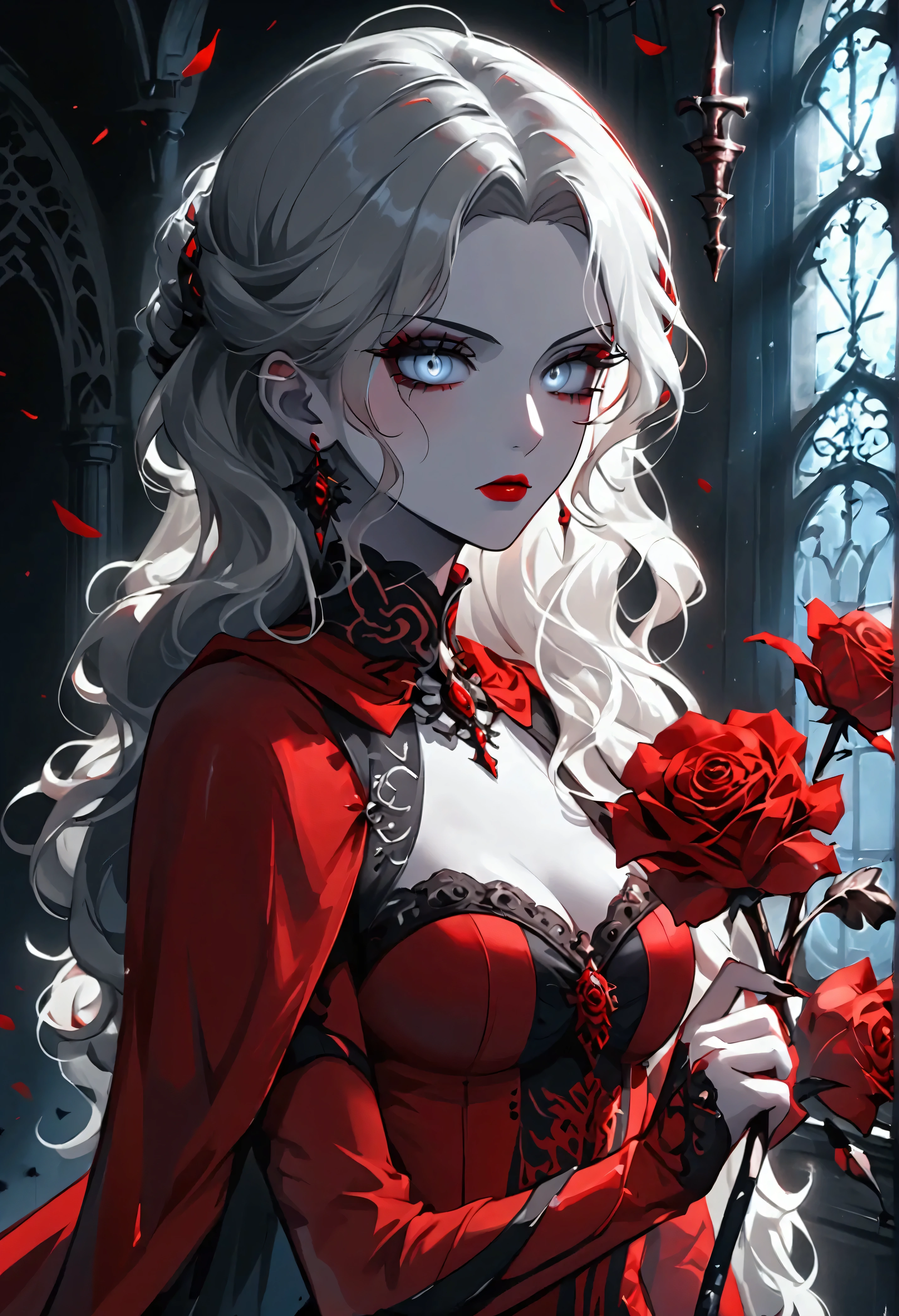 modisn disney, Arafed,  Dark fantasy art, fantasy art, goth art, a picture of a female vampire, pale white skin, blond hair, (full body shot: 1.3) anatomically correct, Ultra detailed face, Best Detailed face, long hair, wavy hair, (glowing grey: 1.3) eyes, she wears a (red: 1.3) red thigh suit, she holds a sword in hand, (ready for battle: 1.4) , the roses are imprinted on the suit (black: 1.4) black roses, high heels, , dark glamour shot, dark castle, dark, black and color, PASTELGOTH, SwordMaiden,