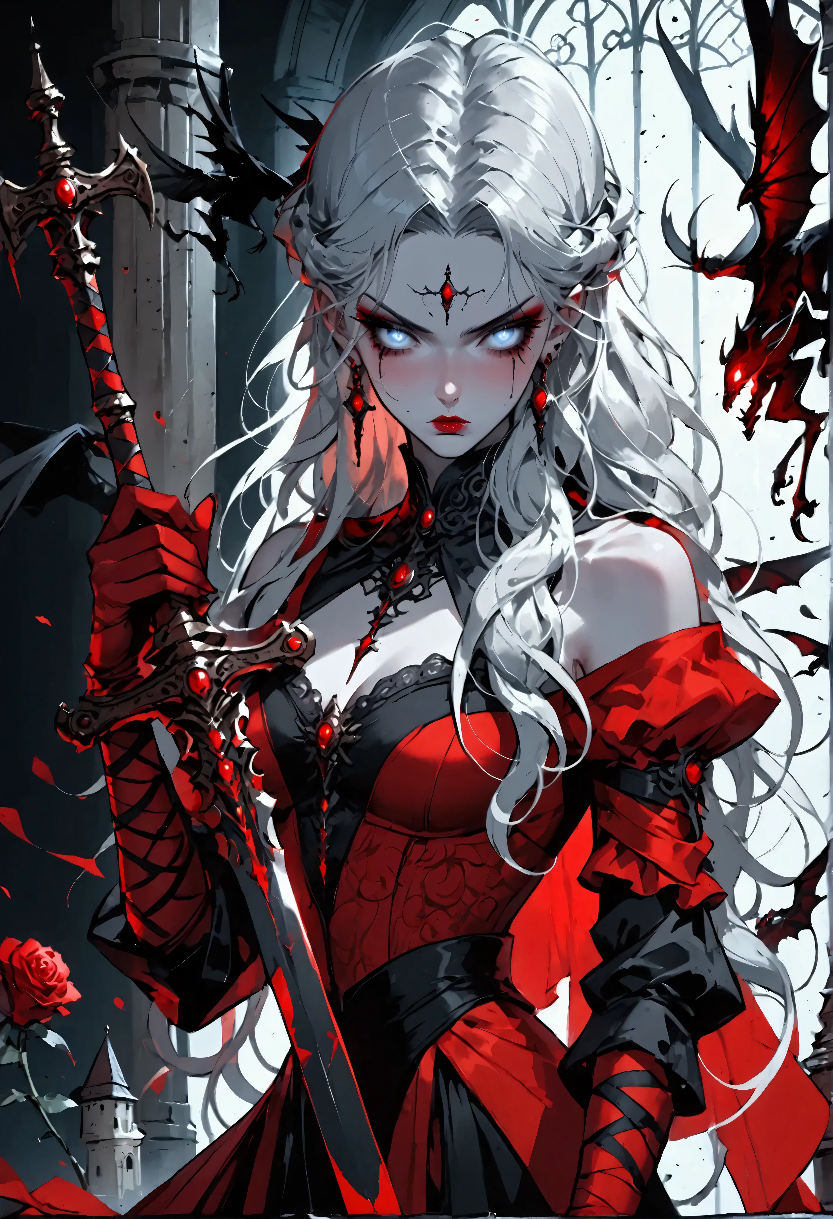 modisn disney, Arafed, Dark fantasy art, fantasy art, goth art, a picture of a female vampire, pale white skin, blond hair, (full body shot: 1.3) anatomically correct, Ultra detailed face, Best Detailed face, long hair, wavy hair, (glowing grey: 1.3) eyes, she wears a (red: 1.3) red thigh suit, she holds a sword in hand, (ready for battle: 1.4) , the roses are imprinted on the suit (black: 1.4) black roses, high heels, , dark glamour shot, dark castle, dark, black and color, PASTELGOTH, SwordMaiden,