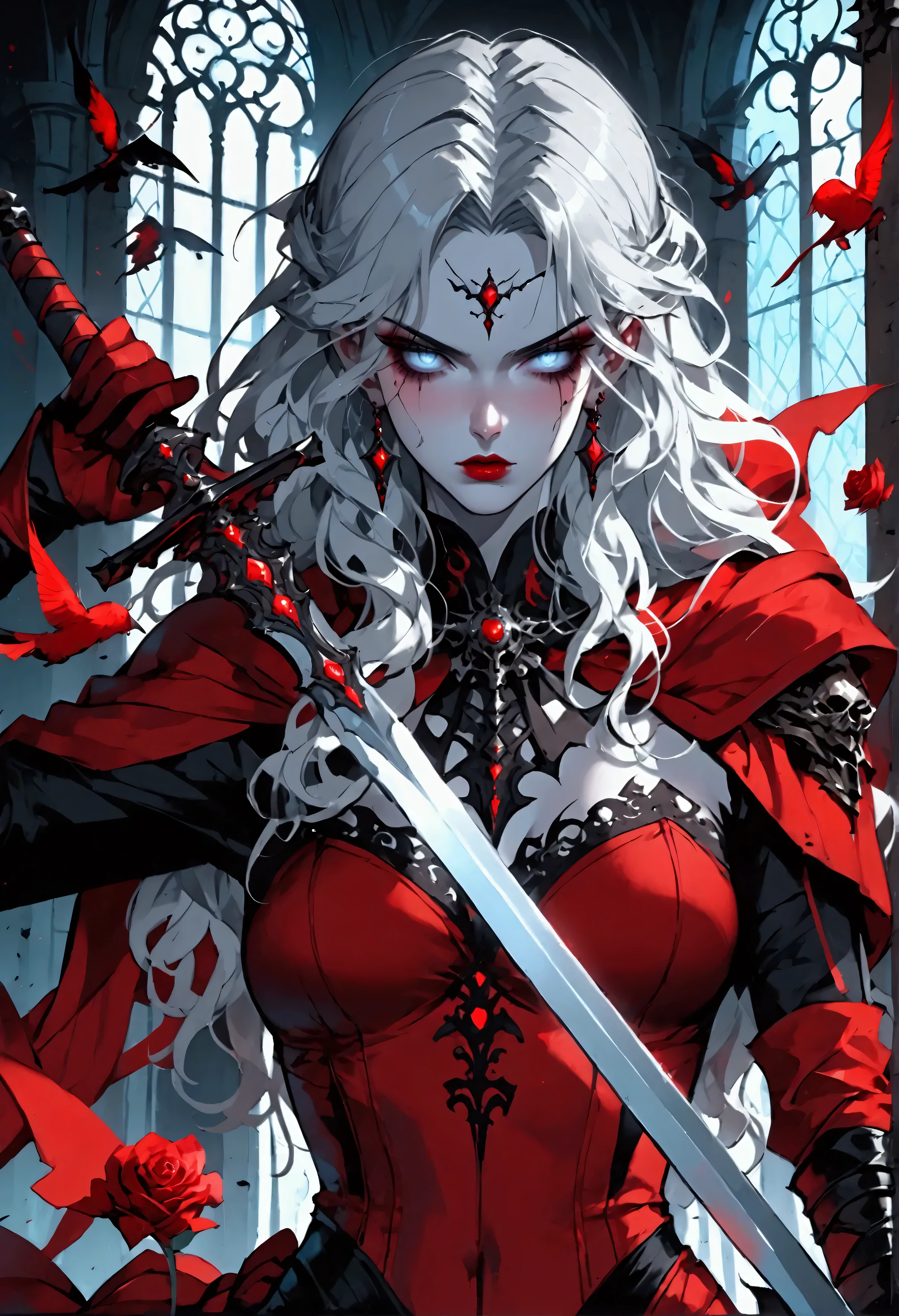 modisn disney, Arafed,  Dark fantasy art, fantasy art, goth art, a picture of a female vampire, pale white skin, blond hair, (full body shot: 1.3) anatomically correct, Ultra detailed face, Best Detailed face, long hair, wavy hair, (glowing grey: 1.3) eyes, she wears a (red: 1.3) red thigh suit, she holds a sword in hand, (ready for battle: 1.4) , the roses are imprinted on the suit (black: 1.4) black roses, high heels, , dark glamour shot, dark castle, dark, black and color, PASTELGOTH, SwordMaiden,