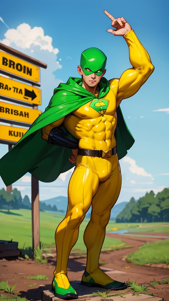A naked blonde muscular superhero with massive muscles wearing a metallic jockstrap, boots and a cape in green and yellow, looking handsome and beautiful, seen from just below.