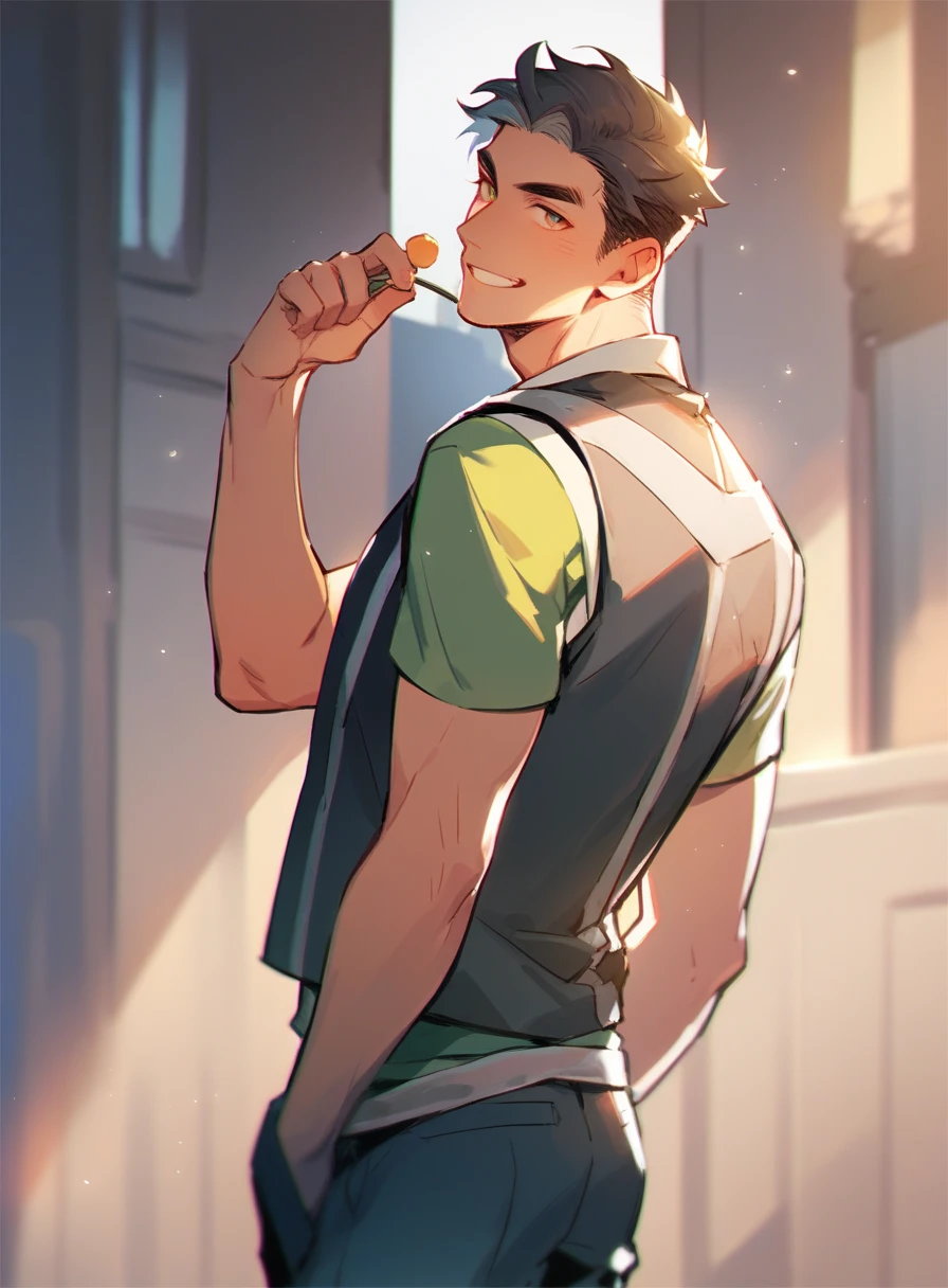 A handsome boy a vest with a print, And green shirt