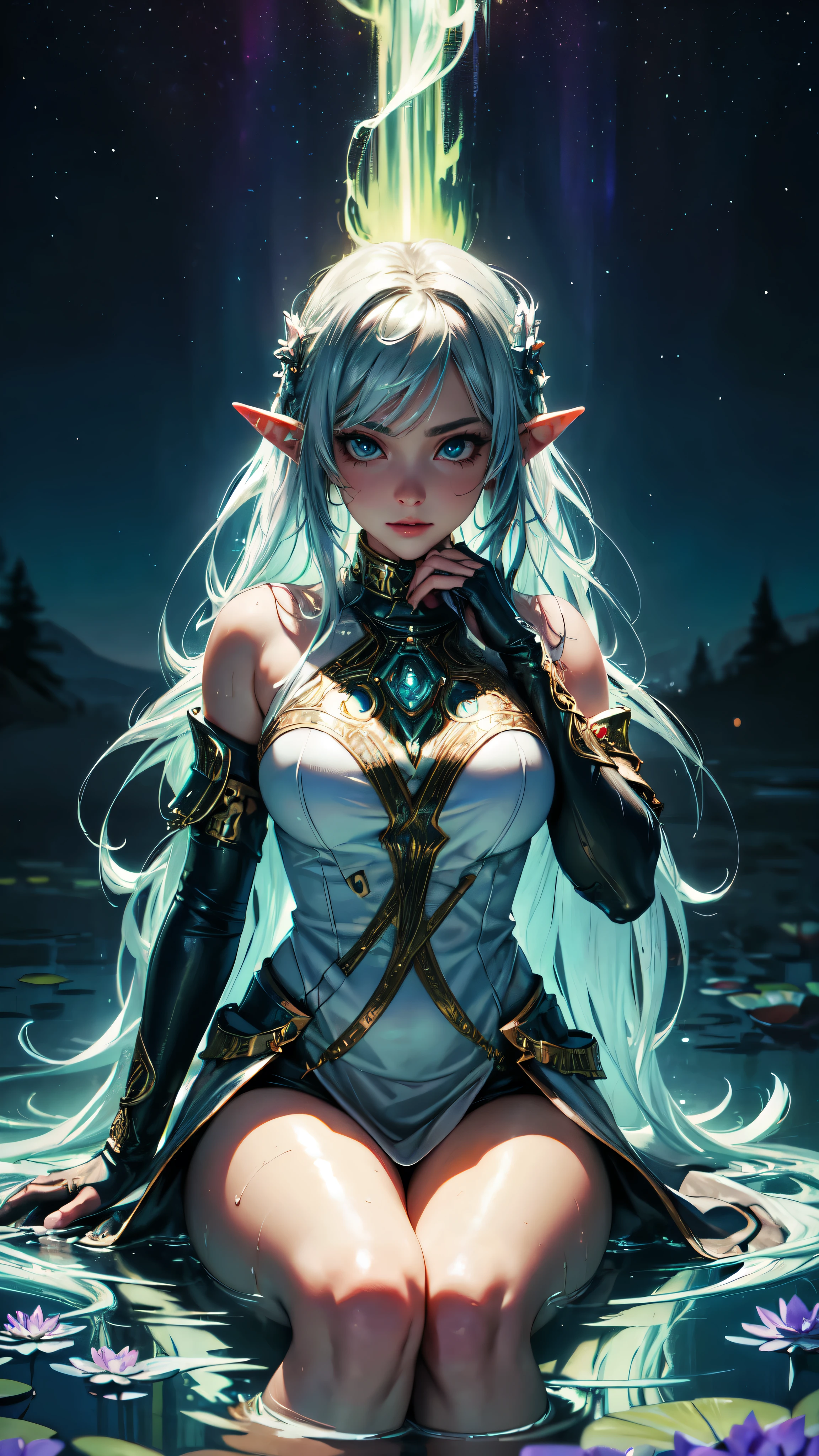 a portrait of a elf girl with freckles and bright striking blue eyes posing for a photo,full body, bare shoulders, muscular, fit, defined abs, thongs, (prominent cameltoe) white freckles, long flowing green hair flying, glowing radiance, beautiful pale makeup, color portrait, stunning portrait, elegant freckles, wearing black thongs with glowing runes of power, black gloves, star-shine, gold dust spread across her skin and her face, (dark, hyper-realistic photos (((portrait))) refraction ,Dark background of magical night forest, deep woods, towering ruins, starlight skies