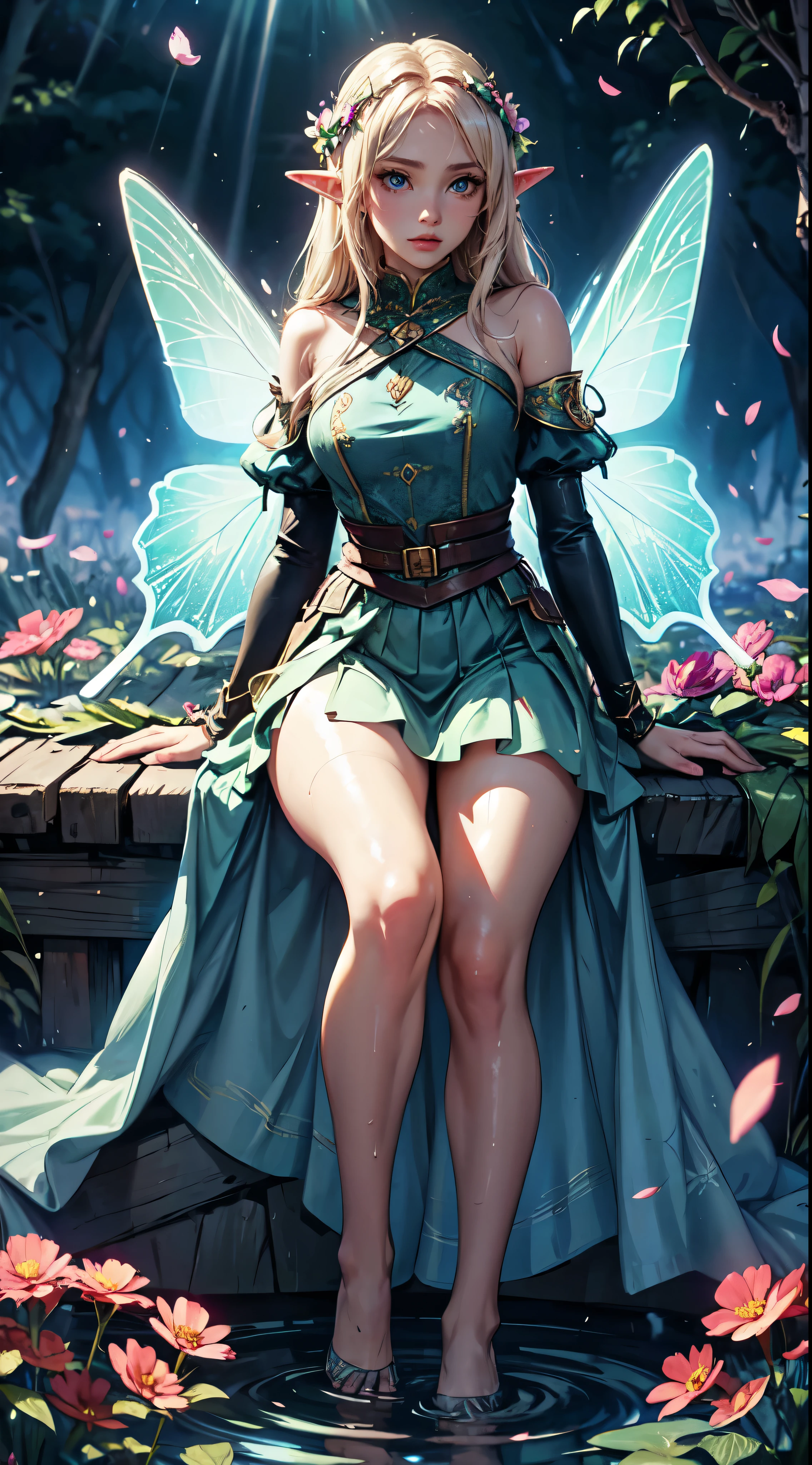 one-girl,Thighs above the knee,Elves in flowers,A pair of transparent butterfly wings,Colorful wings,(A skirt composed of petals:1.5),The petals float into the sky,(Petals of various flowers),best qualtiy,tmasterpiece,Photorealsitic,Photorealistic image quality,The dawn effect,Beam light,detailed eyes, detaield hands, detailed face, elf woman, full body , wet hair, wet