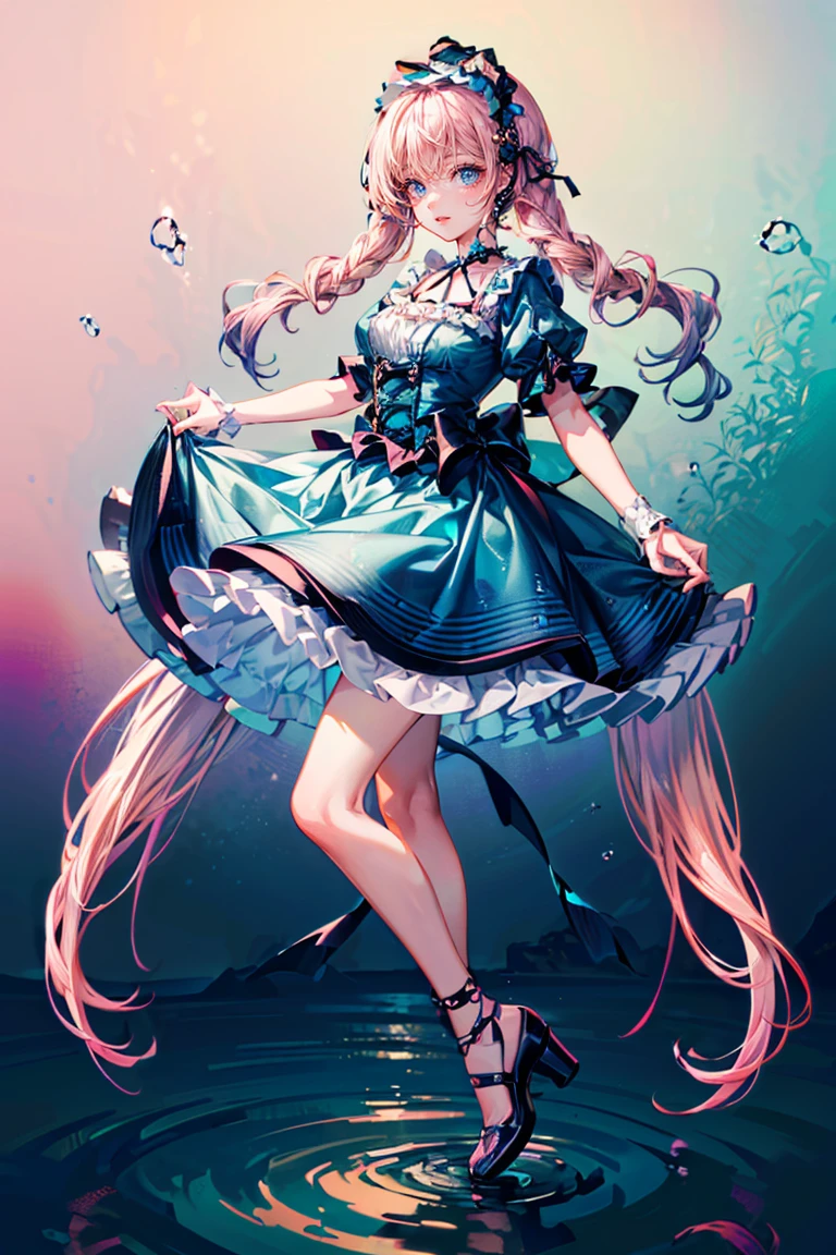 Front View of a person, Full-body Shot of a person, standing on the surface of water in 4K resolution, around 20 years old, (one female:1.5), smiling, (light pink hair:1.0, fluffy hair:1.0, long hair:1.0, half-up style:1.5 (light blue and light purple eyes:1.0, ((gradient eyes:1.5)), round eyes, drooping eyes, drooping eyebrows), ((sweet lolita-style outfit:1.5), light blue lolita dress:1.5 draped fabric with water surface pattern:1.0, frills:1.0, silver accessories:1.5, blue and light blue jewels), sea-like cross-strap high heels, calm water surface, beautiful temple, (Pisces image:0.3, sea image:0.5, water surface image:1.0), ((UHD, masterpiece, super detail, best quality, highres, 8k)), (detailed line art), perfect face, perfect body, perfect hands, perfect feet