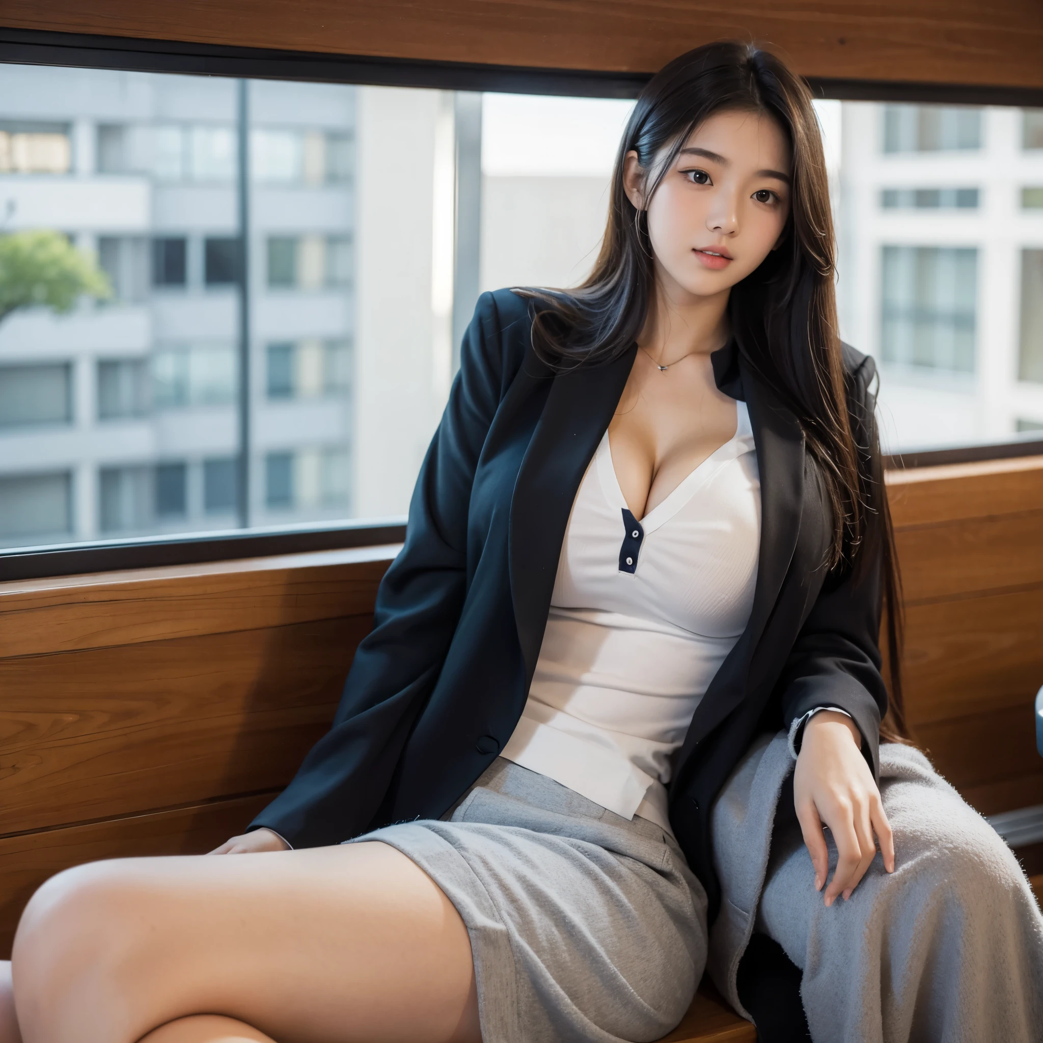 (( on the terrace, open sky, sit in a chair, Open Blue Blazer, nude, naked, good hand, thighs)), (masterpiece),((Super detailed)), (Detailed CG illustration),(No expression), (highest quality:1.2),(1 girl:1.2),high quality texture, intricate details, fine texture, high quality shadows, brown pupils, Depth of the bounds written, perspective,20th generation, (Big eyes:1.2),blush,perfect body, Lean your body, (tight waist:1.3), huge breasts, clear_image, (Glossy skin), focus only, (brown hair), (striped hair), ((long hair)),