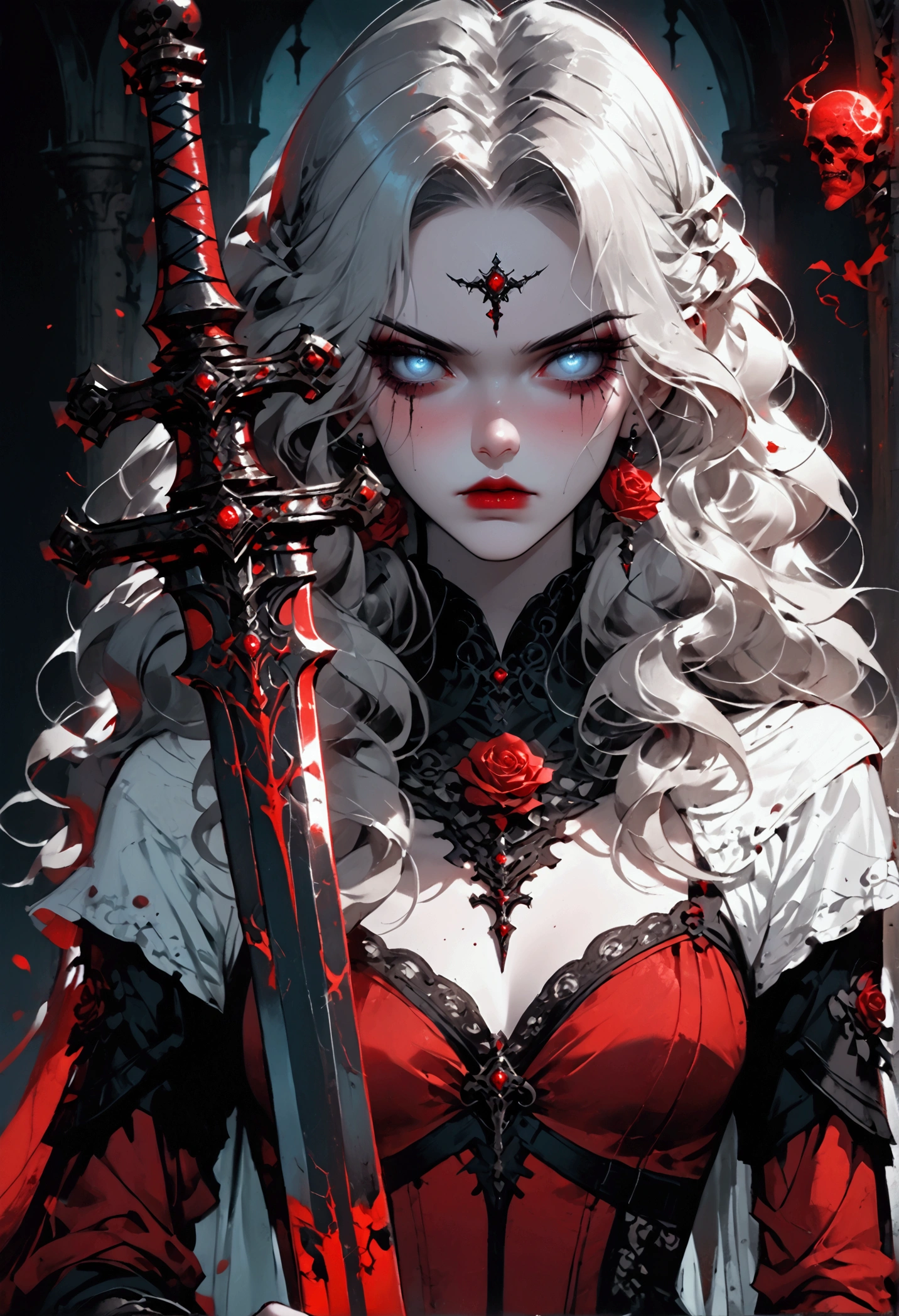 modisn disney, Arafed,  Dark fantasy art, fantasy art, goth art, a picture of a female vampire, pale white skin, blond hair, (full body shot: 1.3) anatomically correct, Ultra detailed face, Best Detailed face, long hair, wavy hair, (glowing grey: 1.3) eyes, she wears a (red: 1.3) red thigh suit, she holds a sword in hand, (ready for battle: 1.4) , the roses are imprinted on the suit (black: 1.4) black roses, high heels, , dark glamour shot, dark castle, dark, black and color, PASTELGOTH, SwordMaiden,