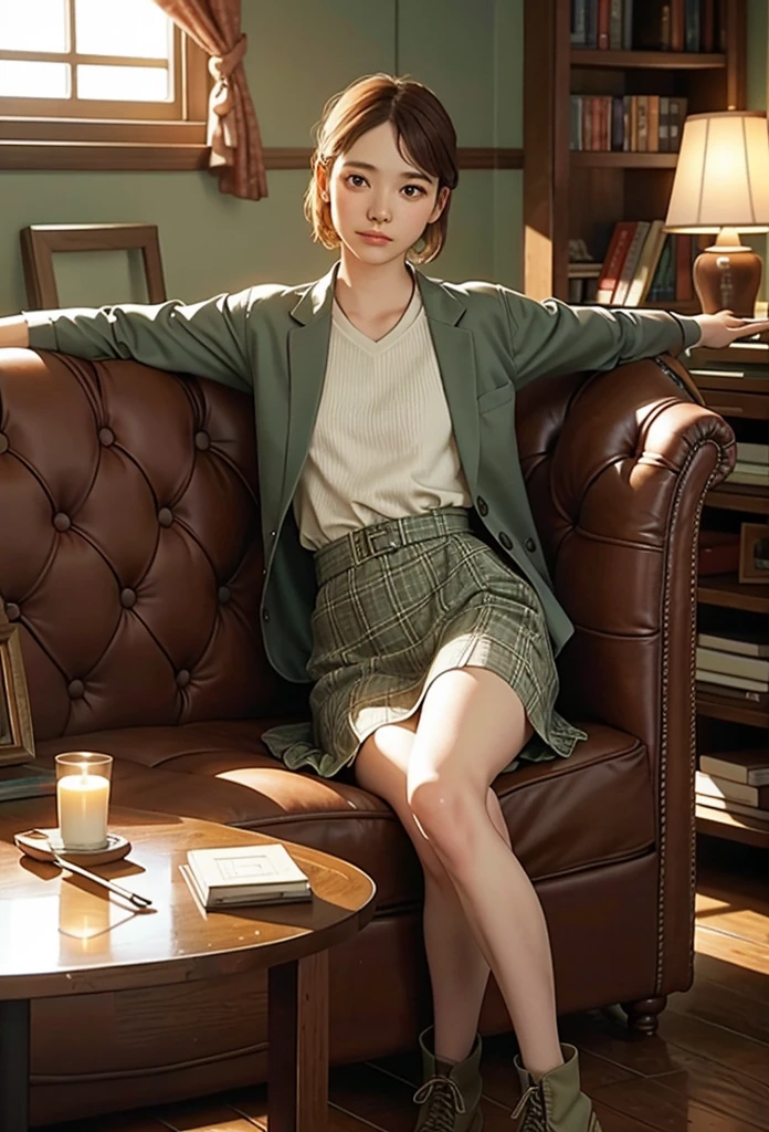 The image has soft, ambient indoor lighting, creating a cozy and warm atmosphere. Hanging lamps provide a gentle glow, adding to the room's inviting feel.
The model Japan girl stands with her legs crossed at the ankles, leaning slightly against a table. Her posture is relaxed and casual, giving a sense of ease.
She is dressed in a plaid dress paired with an olive green jacket. Her outfit is stylish yet comfortable, suitable for an indoor setting. She is also wearing ankle boots, adding a touch of sophistication.
The background is an interior space with an eclectic, vintage vibe. It features a table with books and a chair, a glass cabinet with various items, and decorative ceiling details, contributing to a retro and artistic ambiance