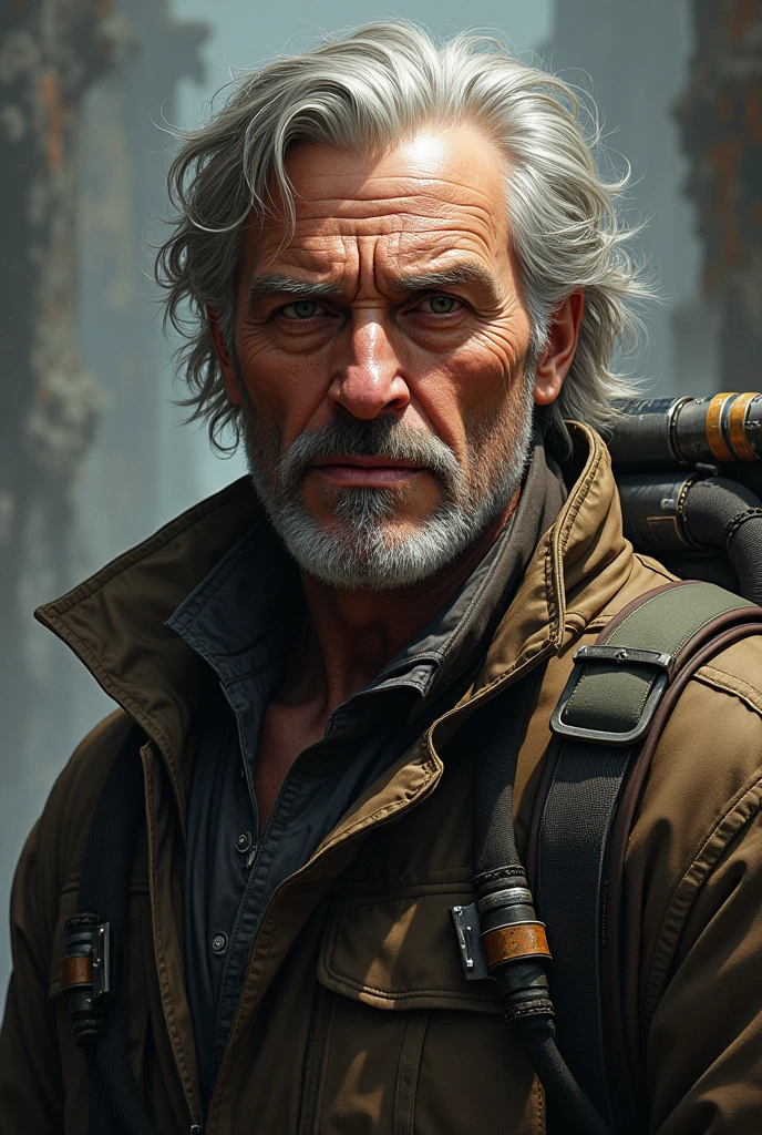 a battle-hardened ex-soldier with grey hair and a beard, rugged, weathered face, battle-scarred, wandering drifter, detailed highly realistic portrait, dramatic lighting, cinematic composition, moody atmosphere, (best quality,4k,8k,highres,masterpiece:1.2),ultra-detailed,(realistic,photorealistic,photo-realistic:1.37),cinematic,dramatic,gritty,moody,dark,brooding,intense,haunting