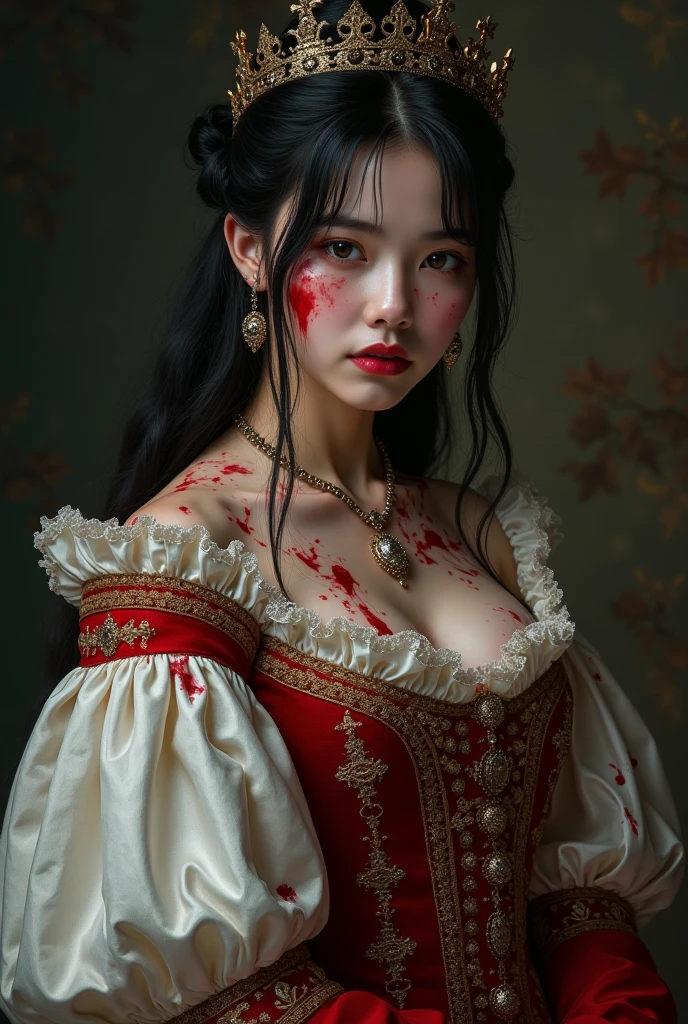 A royal princess afflicted with a severe and mysterious skin condition. Her body is covered with itchy rashes, sores, and festering boils emitting a foul odor. The scene is dramatic and cinematic, set in a grand royal chamber. The lighting is dim, casting an eerie and somber mood. The image should be hyper-detailed, 8k resolution, ultra-sharp, and UHD, capturing the stark contrast between her once-beautiful appearance and her current suffering.