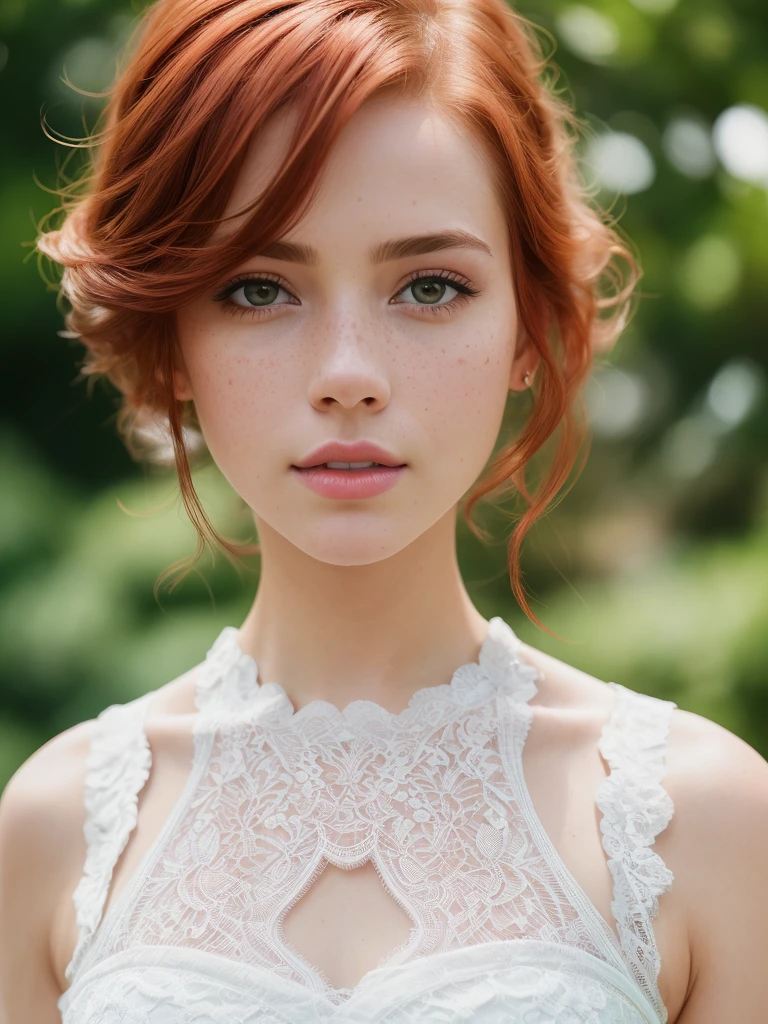 (elegant, beautiful face), transparent white dress, forest moss (freckles: 0.8), flower field, curly red hair, cute mother, magical atmosphere (short hair), (detailed skin, skin texture), (intricate detailing, fine details, hyper detail), ray tracing, subsurface scattering (fantastic underground world in the background), diffuse soft lighting, shallow depth of field by ( DITAILED VIVIANE SASSEN, BRIAN OLDHAM), sharp focus bokeh (photo quality: 1.4)