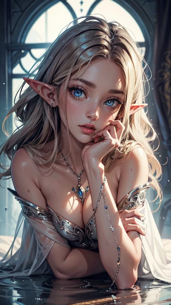 masterpiece, top-quality, Detailed details, Detailed landscapes, beatiful lights, Beautiful Shadows, Elven Woman,28 year old,Green eyes,Bewitching look,Challenging look,Lying in bed,Long hair,Bunching hair,Silvery hair,long ears,Slit skirt,Clothes that have fallen apart,detailed skin textures, Tyndall effect,candle light,detailed eyes, detaield hands, detailed face, elf woman, full body
