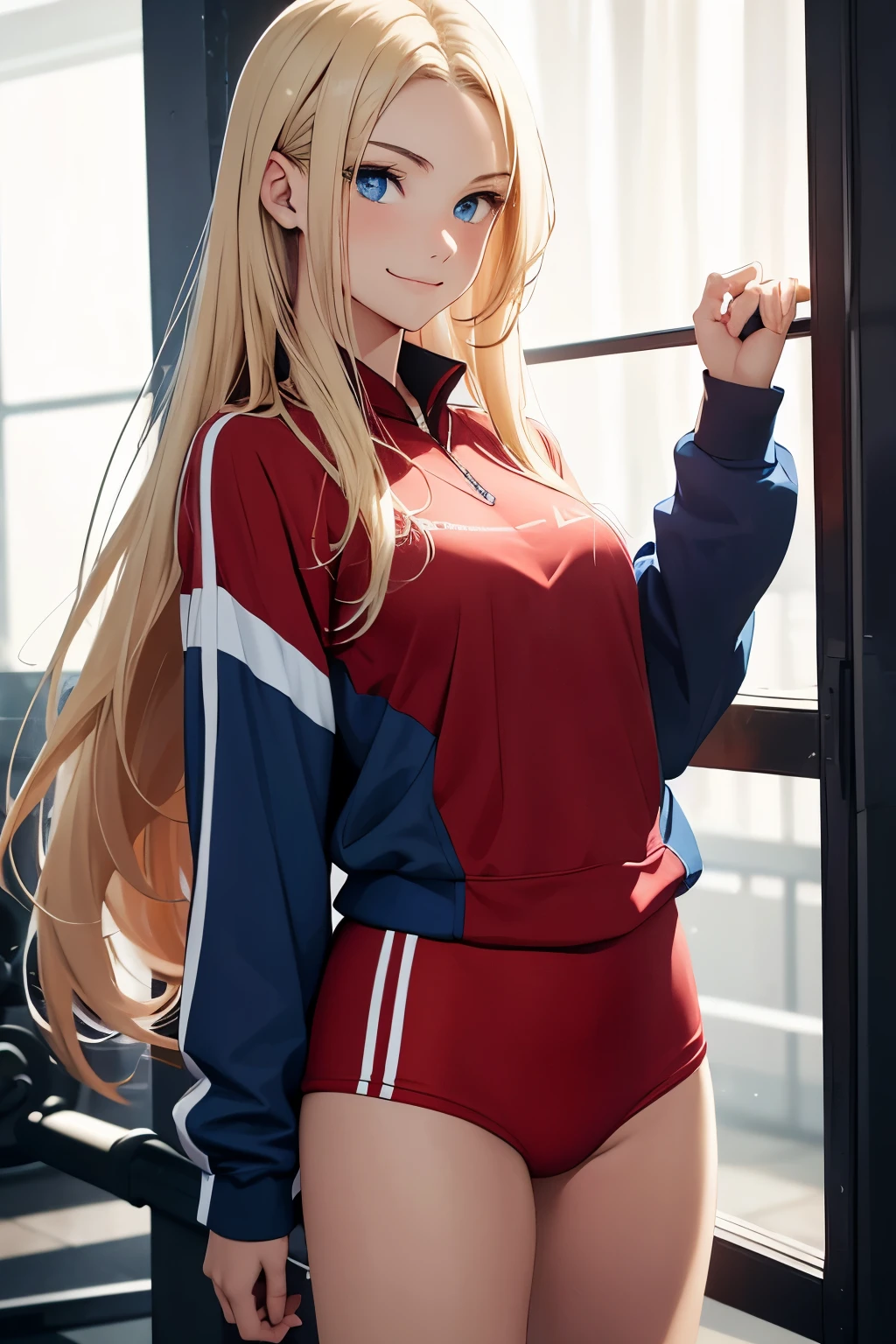 masterpiece, best quality, 1girl, French ethnicity, blue eyes, teenage French spy, blonde, hair, long hair, blonde hair, solo, wearing red athletic wear, red athletic wear, closed clothing, smile, closed mouth, flowing hair, gym setting