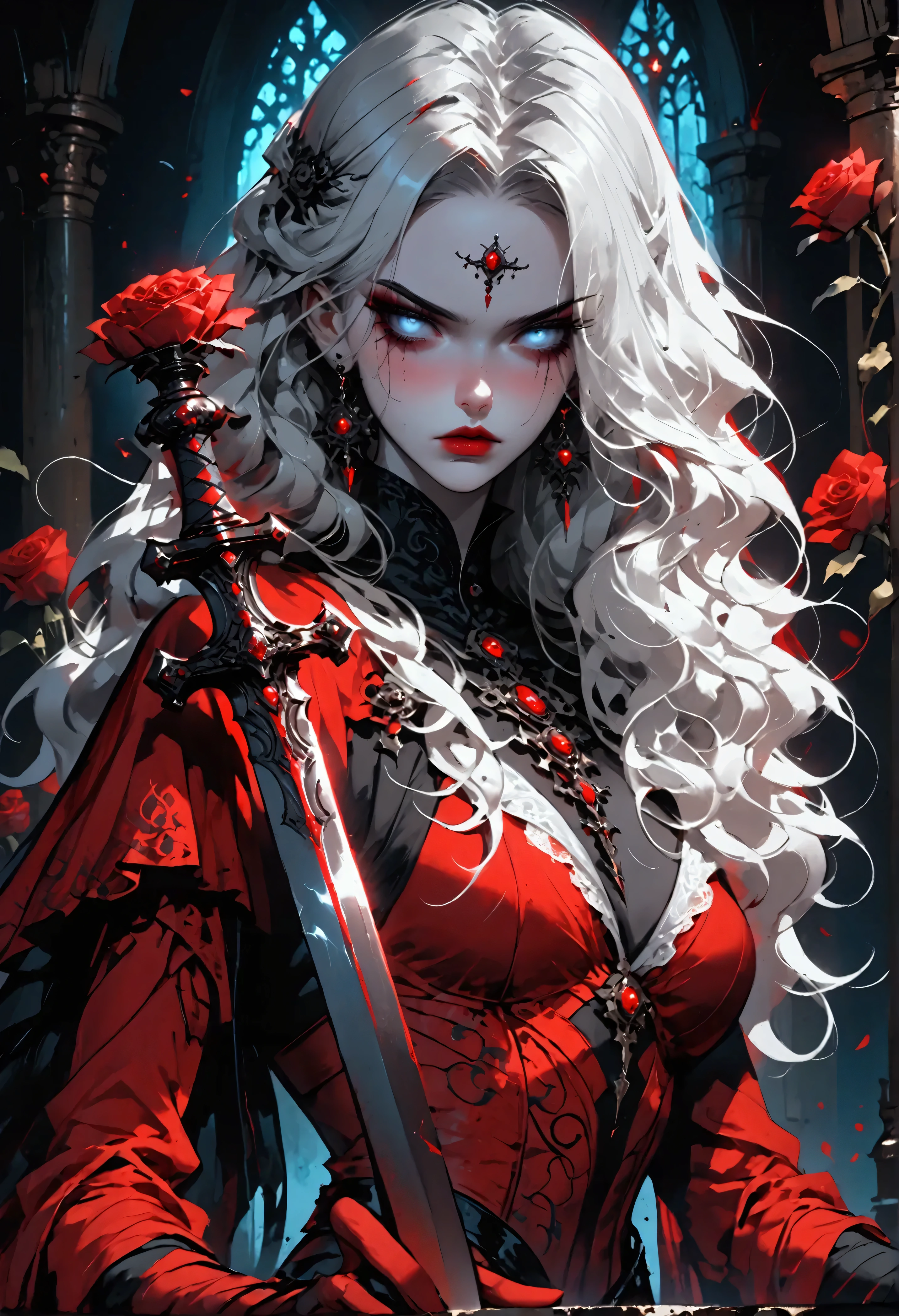 modisn disney, Arafed,  Dark fantasy art, fantasy art, goth art, a picture of a female vampire, pale white skin, blond hair, (full body shot: 1.3) anatomically correct, Ultra detailed face, Best Detailed face, long hair, wavy hair, (glowing grey: 1.3) eyes, she wears a (red: 1.3) red thigh suit, she holds a sword in hand, (ready for battle: 1.4) , the roses are imprinted on the suit (black: 1.4) black roses, high heels, , dark glamour shot, dark castle, dark, black and color, PASTELGOTH, SwordMaiden,