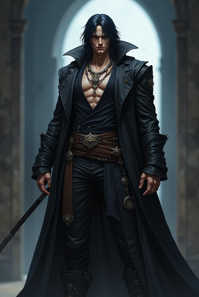 Shanks from one piece mixed with toji from jjk with black hair and jewelry with an athletic build wear thing black and dark grey clothing