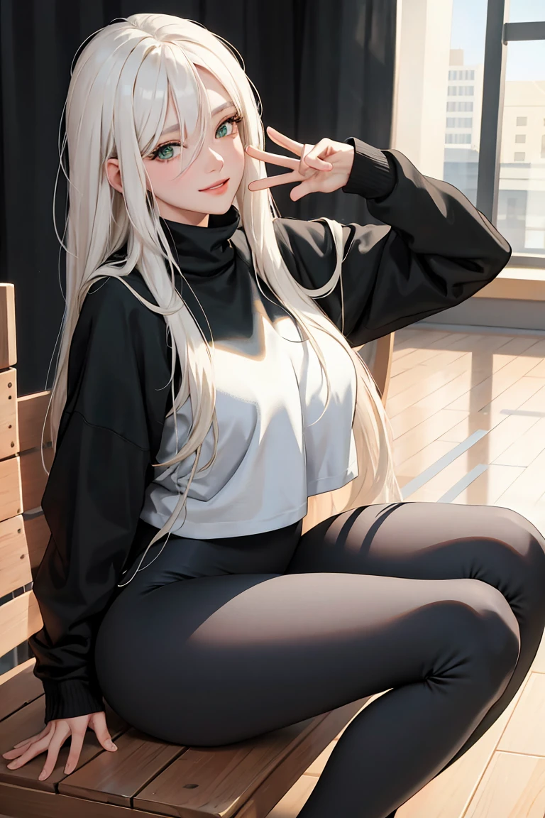 (masterpiece:1.2, best quality), (real picture, intricate details), 1lady, solo, upper body, showing legs, sitting down, school , school settings, long hair, minimal makeup, detailed face, smiling, really long light platinum blonde hair, bangs, hair between eyes, green eyes, big plump breasts, big ass, SFW, clothes, leggings, leggings pants, leggings, oversized hoodie, hoodie, leggings and hoodie, hoodie and leggings.