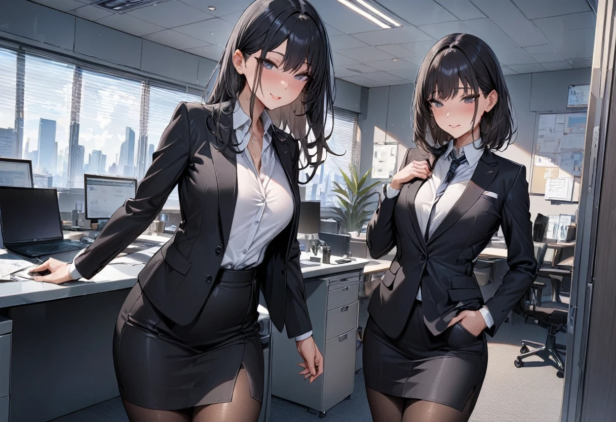 (masterpiece, best quality, ultra detailed, high resolution, detailed facial description), (2 woman:1.3), office lady suits, pencil skirt, black hair, black pantyhose, office room