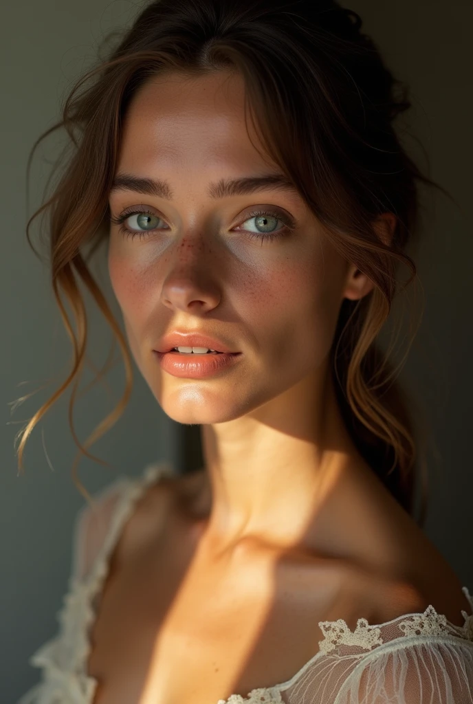 Stunning 20-year-old Christian influencer girl, photorealistic, looking directly at the viewer with a wistful expression, longing for divine connection, soft natural lighting, surrounded by ethereal elements, in the style of contemporary portrait photography, emphasizing emotion and depth.