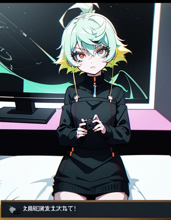 1 girl, Anby, short hair, green headphones, white hair, orange eyes, black skirt, black and green sweater, black and green detached sleeves, white crop top under sweater, black fingerless gloves, black choker, ((holding controller)), by computer desk, sitting on gaming chair, neon lights around room, neon lights coming out of computer, facing sideways, looking at viewer, background: gamer bedroom, dark room, night,starrystarscloudcolorful