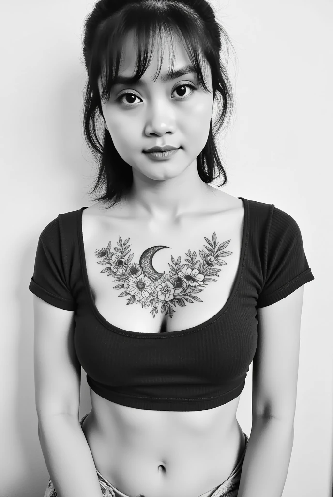 Image of a thin woman with black tied hair bangs and black eyes intricate drawing of a tattoo with flowers and a crescent on her chest wearing a black shirt with medium firm breasts and a large waist looking forward so that her body is facing the front