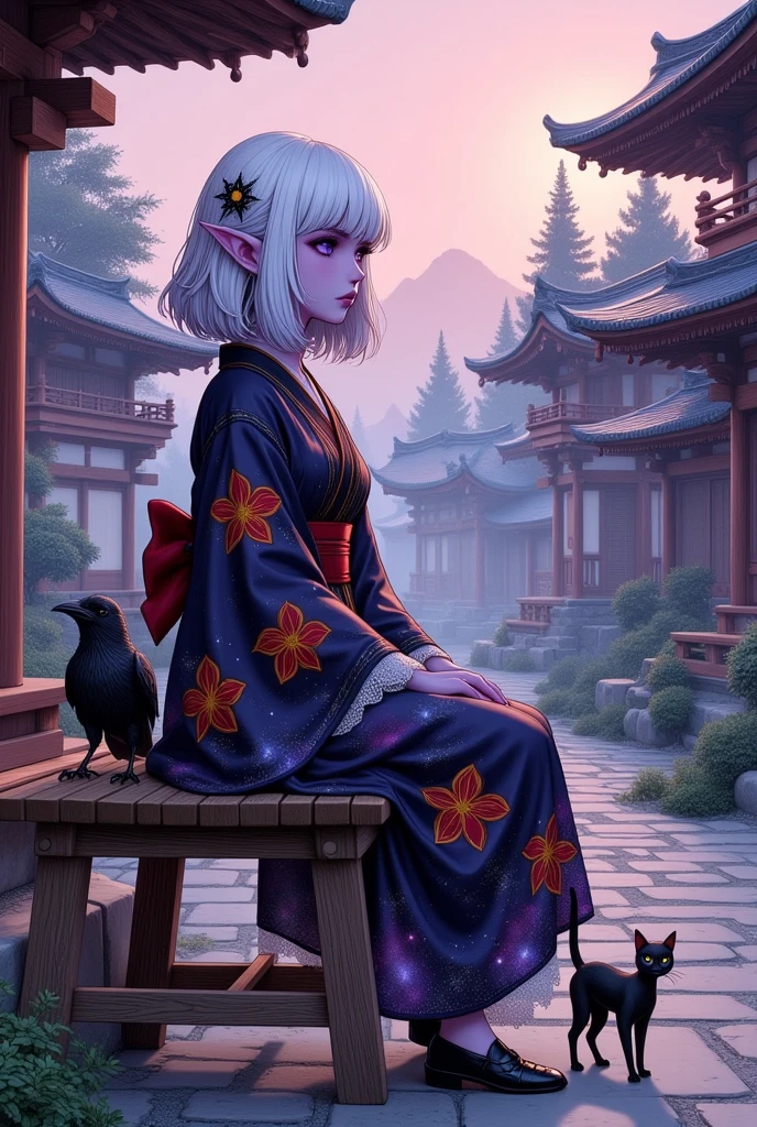 (Ultra-detailed face, Looking away, Fantasy Illustration with Gothic, Rich tone colors.), BREAK 
(Site of a Japanese shrine. The sky is tinted pale pink by the morning sun. A dark elf maiden with a melancholy expression sits on a wooden bench, a shrine amulet tied to a string as a charm for her bag. At the end of the bench on which she sits, a three-legged raven and a black cat stare at her with glassy black eyes. Sacred atmosphere.), BREAK 
(The dark elf priestess wears a hair ornament with a shooting star motif and a ribbon tie made of pure white lace. She wears a Japanese kimono of dark blue transparent fabric organdie with red, orange, and yellow lily flower patterns woven into it, and a sash with an image of a galaxy in the night sky. She wears black geta "wooden clogs" with a red nose strap.), BREAK 
(A dark elf maiden of a young age with glossy pure white hair and eyebrows, blunt bangs, gently wavy shoulder-length hair, small pink lips, dark purple skin, lavender eyes, and thick dark eyeliner around her eyes.), BREAK 
(We are in the precincts of a Japanese shrine in the evening at the time of the encounter. The atmosphere is mysterious, and the landscape appears hazy and distorted in places.)