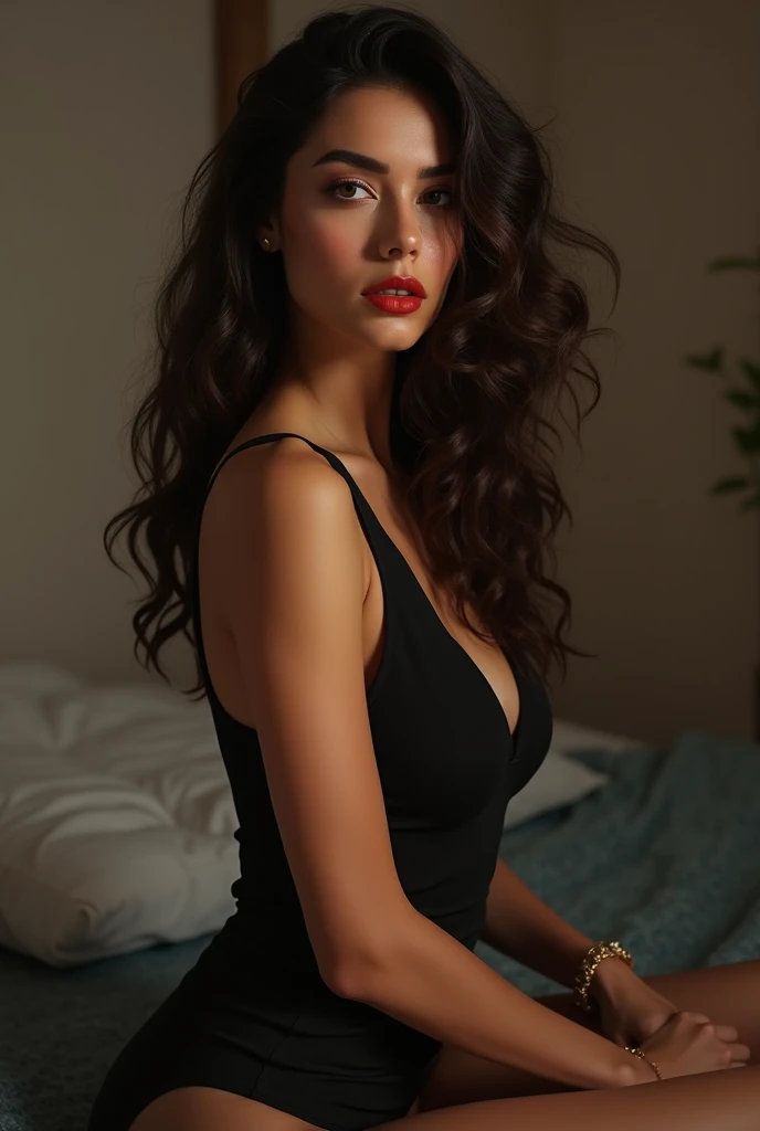 a beautiful young woman with an athletic physique and accentuated curves, with straight dark hair, posing in a hotel room, beautiful detailed eyes, beautiful detailed lips, extremely detailed face, long eyelashes, beautiful curvy body, athletic fit, cinematic lighting, high contrast, chiaroscuro lighting, dramatic atmosphere, moody lighting, dramatic shadows, editorial style, fashion photography, high-end photography, glamour photography, sensual portrait