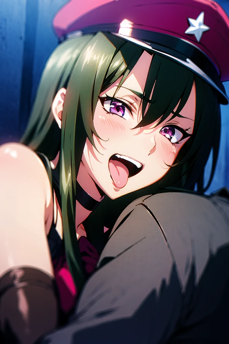 bondage, kiss, long hair, side shot, 1girl and 1man, peaked military cap, elbow gloves, choker, bare shoulders, pink eyes, evil smile, open mouth, tongue out, couple, nsfw, A tongue-twisting kiss with an fat and  ugly man,