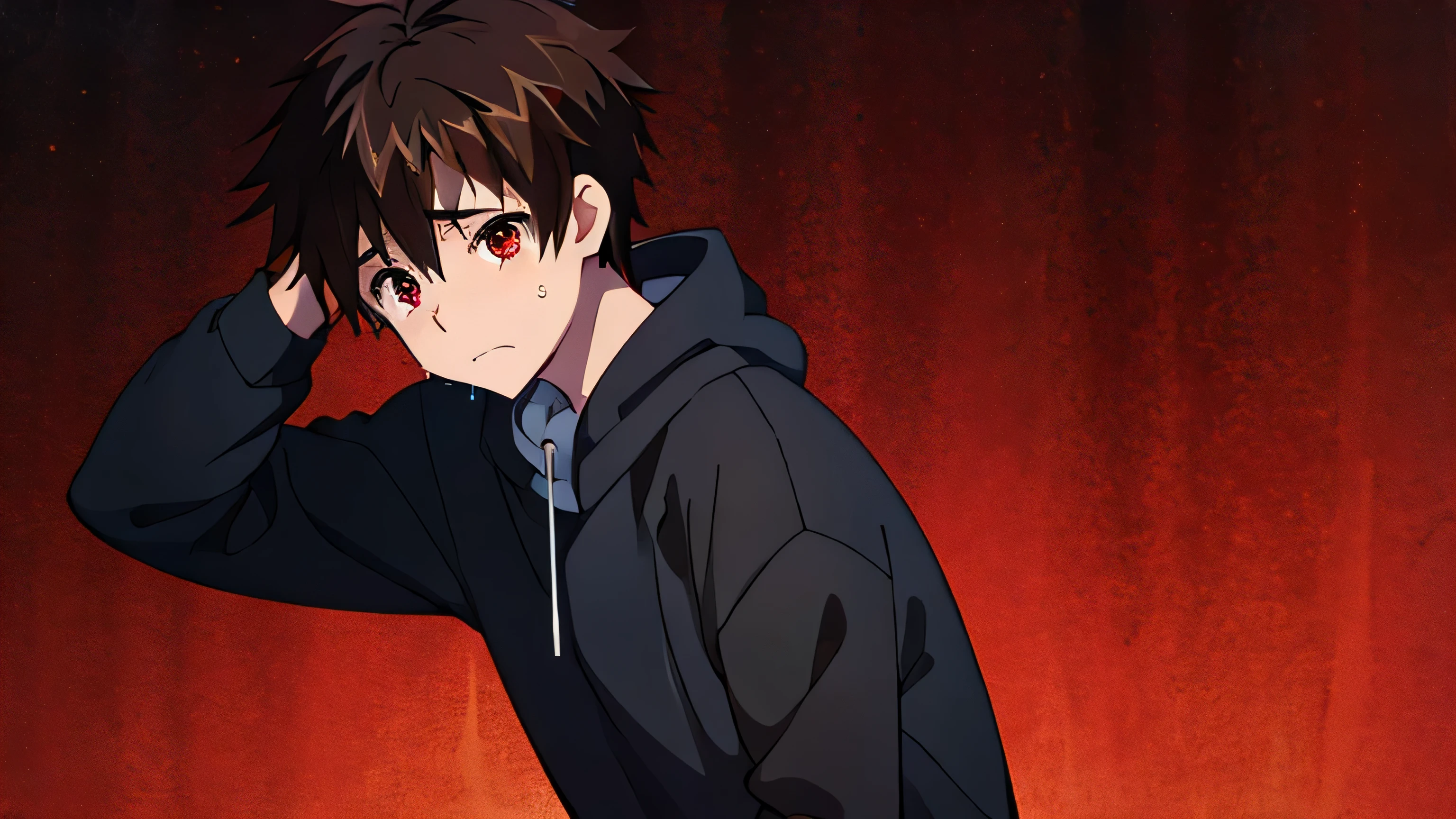 teenage boy , brown hair ,red eyes , Crying ,black sweatshirt