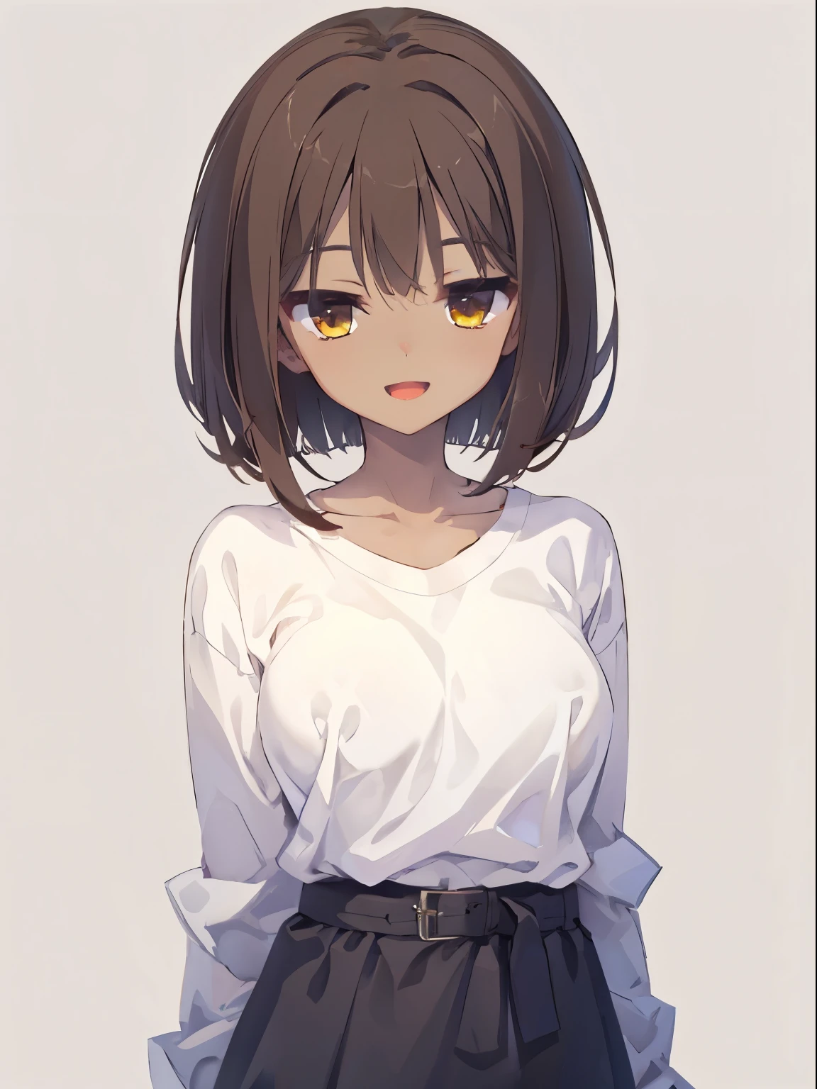 (gentle gaze, open mouth, smile), 1 girl, upper body, (facing viewer, looking viewer), standing straight, (yellow eyes, ((Jitome)), (brown hair), bob cut, short hair, medium breast), ((white shirt, black skirt)), collarbone, (gray background), Sharp Focus, (Best Quality, masterpiece, detailed, facial focus), (solo shot), (tanned, brown skin), waist, hip