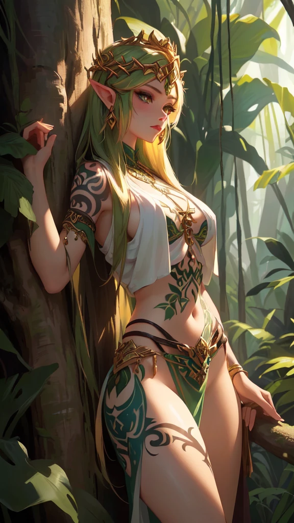 masterpiece, high resolution, realistic, beautiful elf in nature, slender, pretty, shy laugh, barefoot, back, sitting, shiny skin, smooth back line, hip line, shade of trees, glowing line