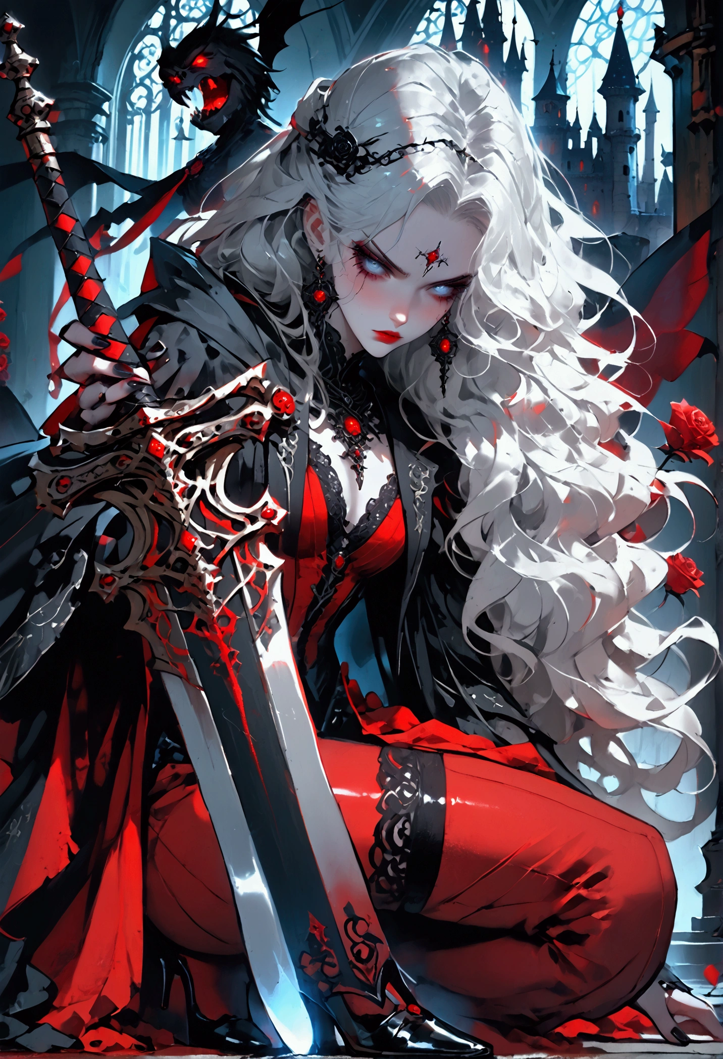 modisn disney, Arafed,  Dark fantasy art, fantasy art, goth art, a picture of a female vampire, pale white skin, blond hair, (full body shot: 1.3) anatomically correct, Ultra detailed face, Best Detailed face, long hair, wavy hair, (glowing grey: 1.3) eyes, she wears a (red: 1.3) red thigh suit, she holds a sword in hand, (ready for battle: 1.4) , the roses are imprinted on the suit (black: 1.4) black roses, high heels, , dark glamour shot, dark castle, dark, black and color, PASTELGOTH, SwordMaiden,