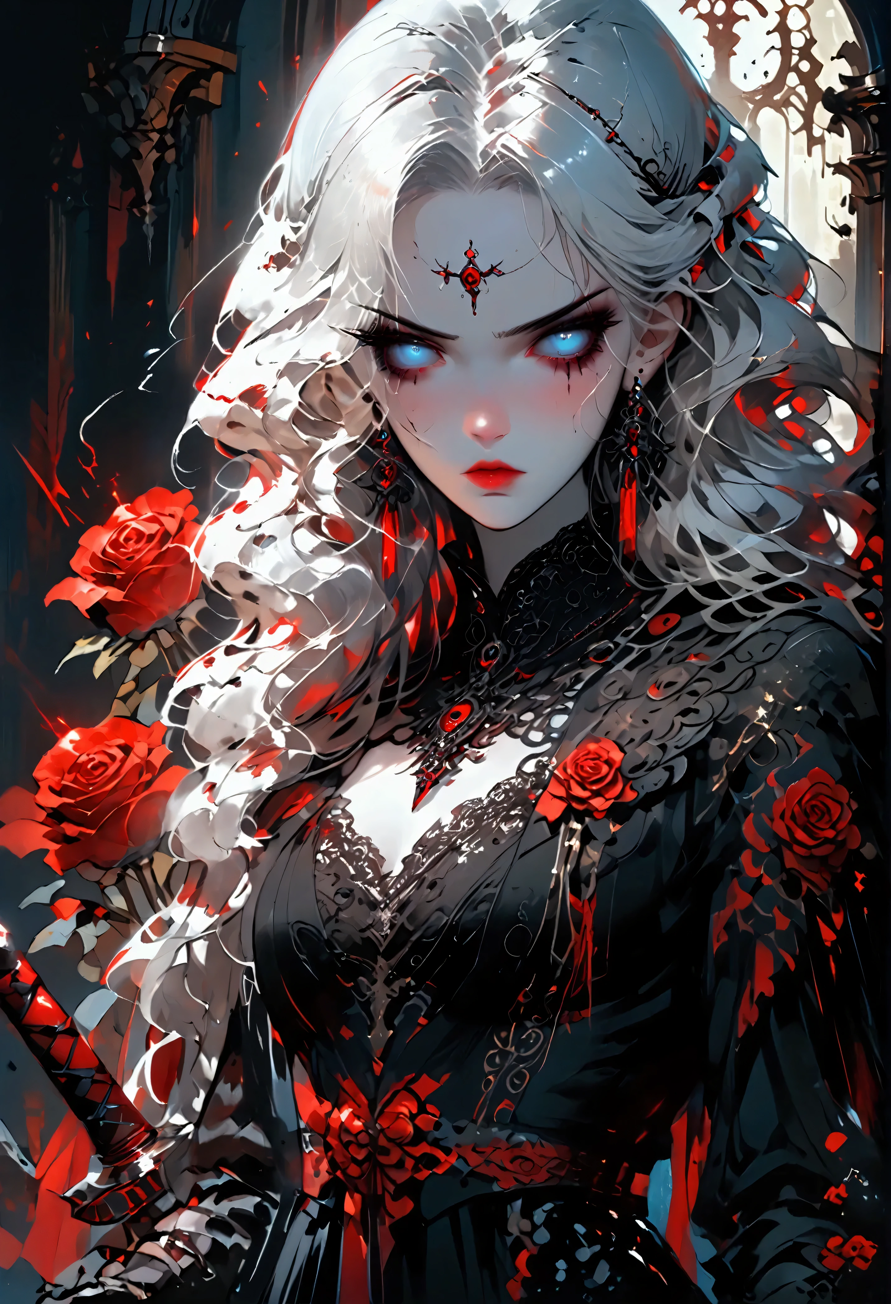 modisn disney, Arafed,  Dark fantasy art, fantasy art, goth art, a picture of a female vampire, pale white skin, blond hair, (full body shot: 1.3) anatomically correct, Ultra detailed face, Best Detailed face, long hair, wavy hair, (glowing grey: 1.3) eyes, she wears a (red: 1.3) red thigh suit, she holds a sword in hand, (ready for battle: 1.4) , the roses are imprinted on the suit (black: 1.4) black roses, high heels, , dark glamour shot, dark castle, dark, black and color, PASTELGOTH, SwordMaiden,