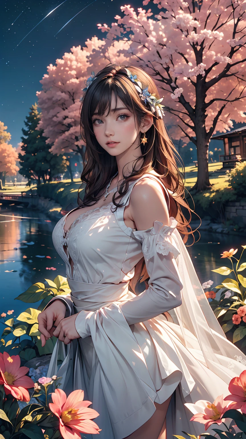 A girl, long hazel wavy, no bangs and green eyes. She wears contemporary clothes, beautiful girl, detailed eyes, detailed face, detailed hands, she looks at the viewer. Full figure. She is into a lavender field. Background mountains with rainbow. 