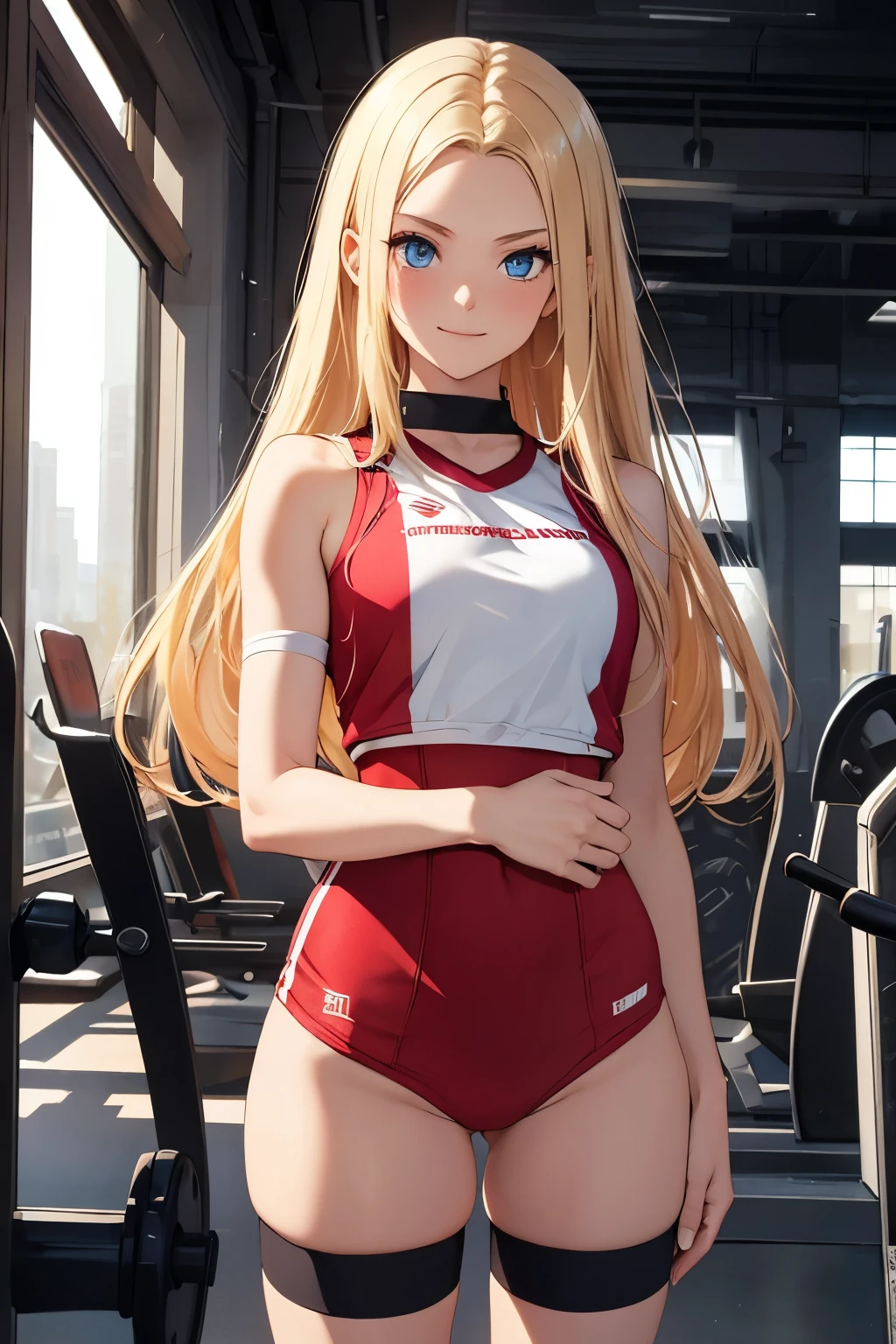 Uma garota de cabelo loiro, she is at the gym, She is wearing a red bikini on top and white shorts on the bottom.