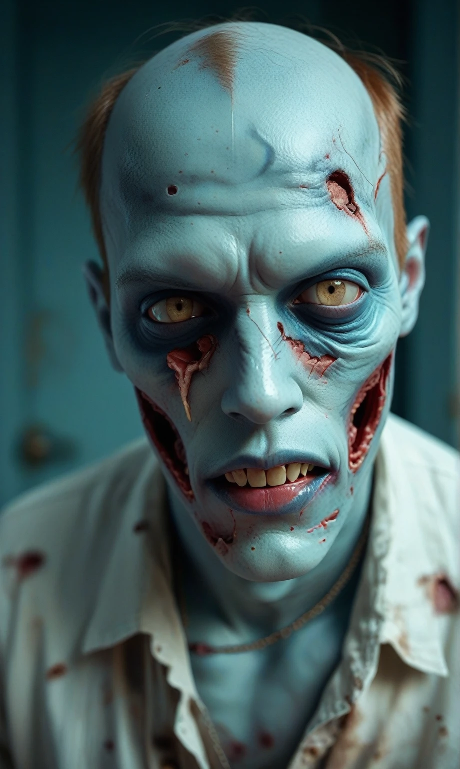 zombie eating flesh, blue eyes, bloody, no hair, detailed, intricate, rottingzombie person, glasses, face mask