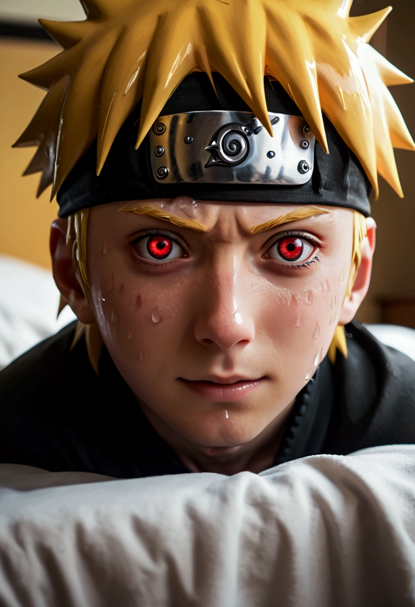 uzumaki naruto, One boy, Male Focus, masterpiece, Highest quality, (Portraiture, close), Looking at the audience, Shadow and Light, Blurred foreground, Symbol of Konohagakure, indoor, Water Drop, Red eyes, black sclera, On the bed, Cold bloodthirsty smile,