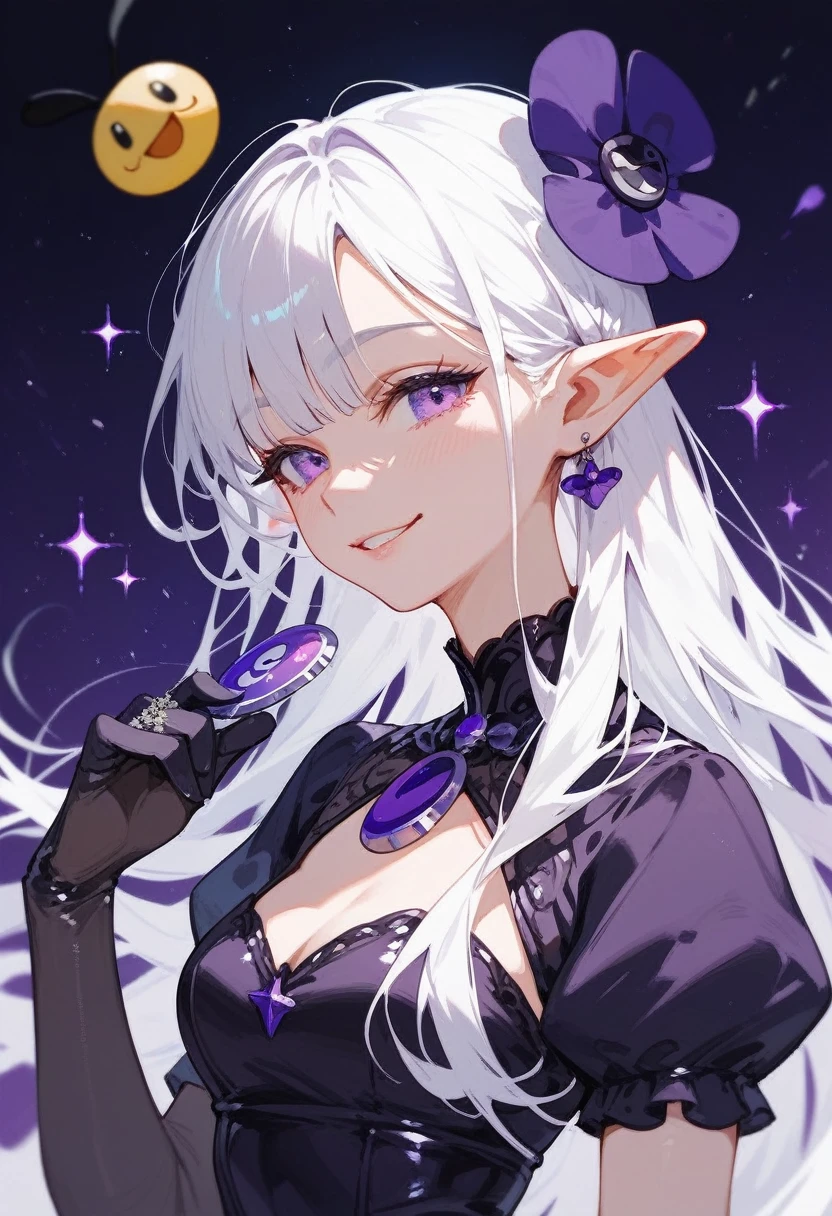 girl,White hair,In purple ,,Pointed ears,White hair, black purple luxury dress, smiley villain