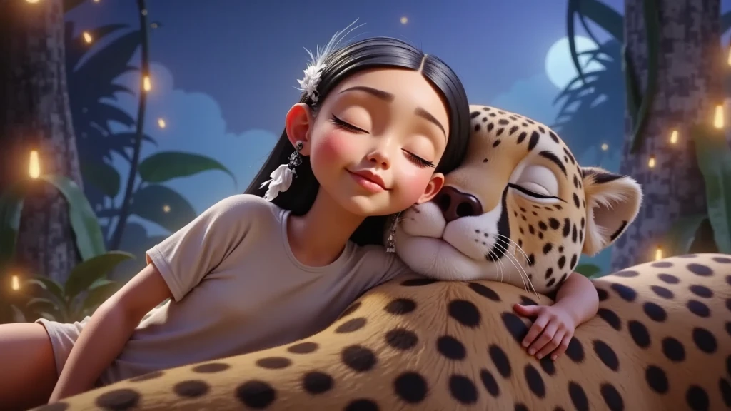 A movie poster in high resolution and in high quality with a girl, Brazilian Indian with black hair, , ****, , age:12, with a white t-shirt without a bra and without a print, hugged, sleeping with her eyes closed with a jaguar.