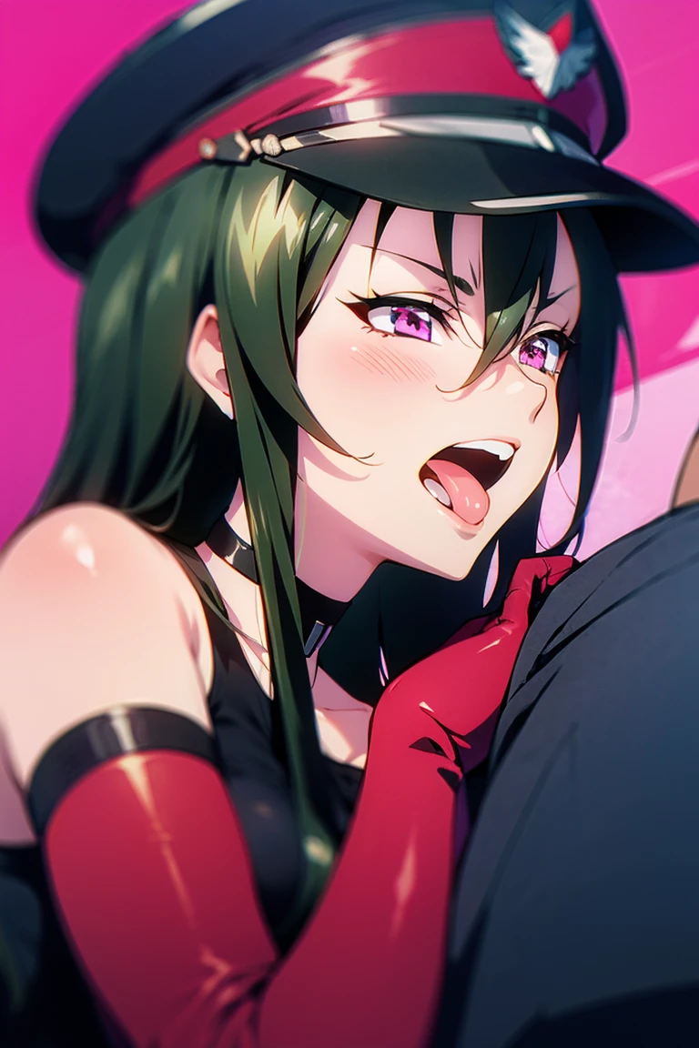 bondage, kiss, long hair, side shot, 1girl and 1man, peaked military cap, elbow gloves, choker, bare shoulders, pink eyes, evil smile, open mouth, tongue out, couple, nsfw, A tongue-twisting kiss with an fat and ugly man, hair between eyes, 