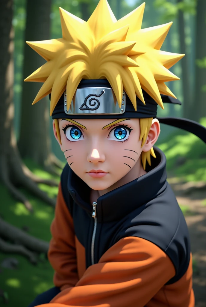 uzumaki naruto, 1 boy, beautiful detailed eyes, beautiful detailed lips, extremely detailed face and features, longeyelashes, spiky blond hair, bright blue eyes, confident expression, orange and black ninja outfit, ninja headband, detailed intricate markings on face, detailed ninja tools, detailed village scenery, lush green forest background, (best quality,4k,8k,highres,masterpiece:1.2),ultra-detailed,(realistic,photorealistic,photo-realistic:1.37),hyperdetailed,dramatic lighting,cinematic composition,vibrant colors,dynamic pose